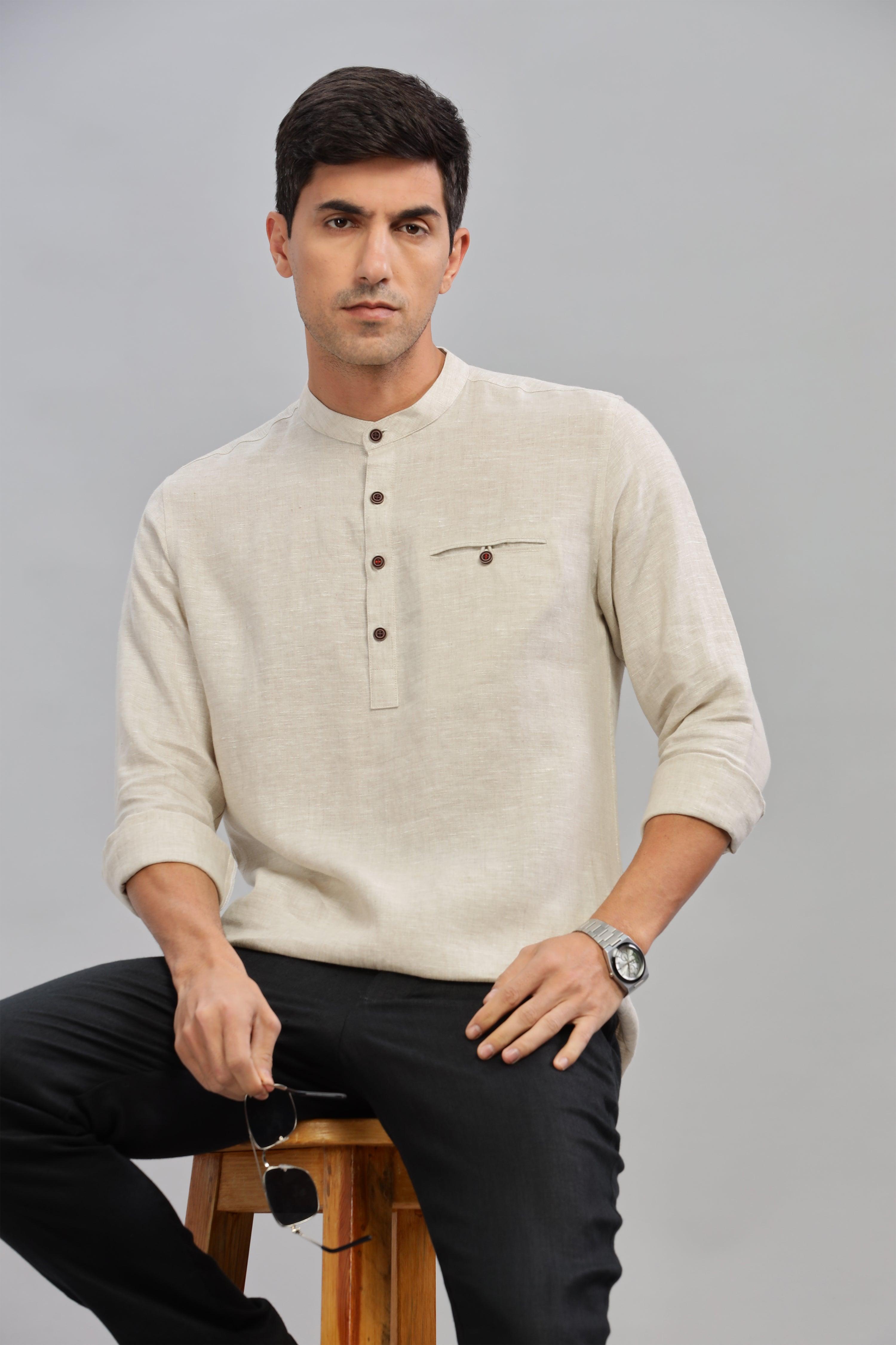 NILE Long Sleeves - 100% Pure Linen Half Placket Natural Shirt