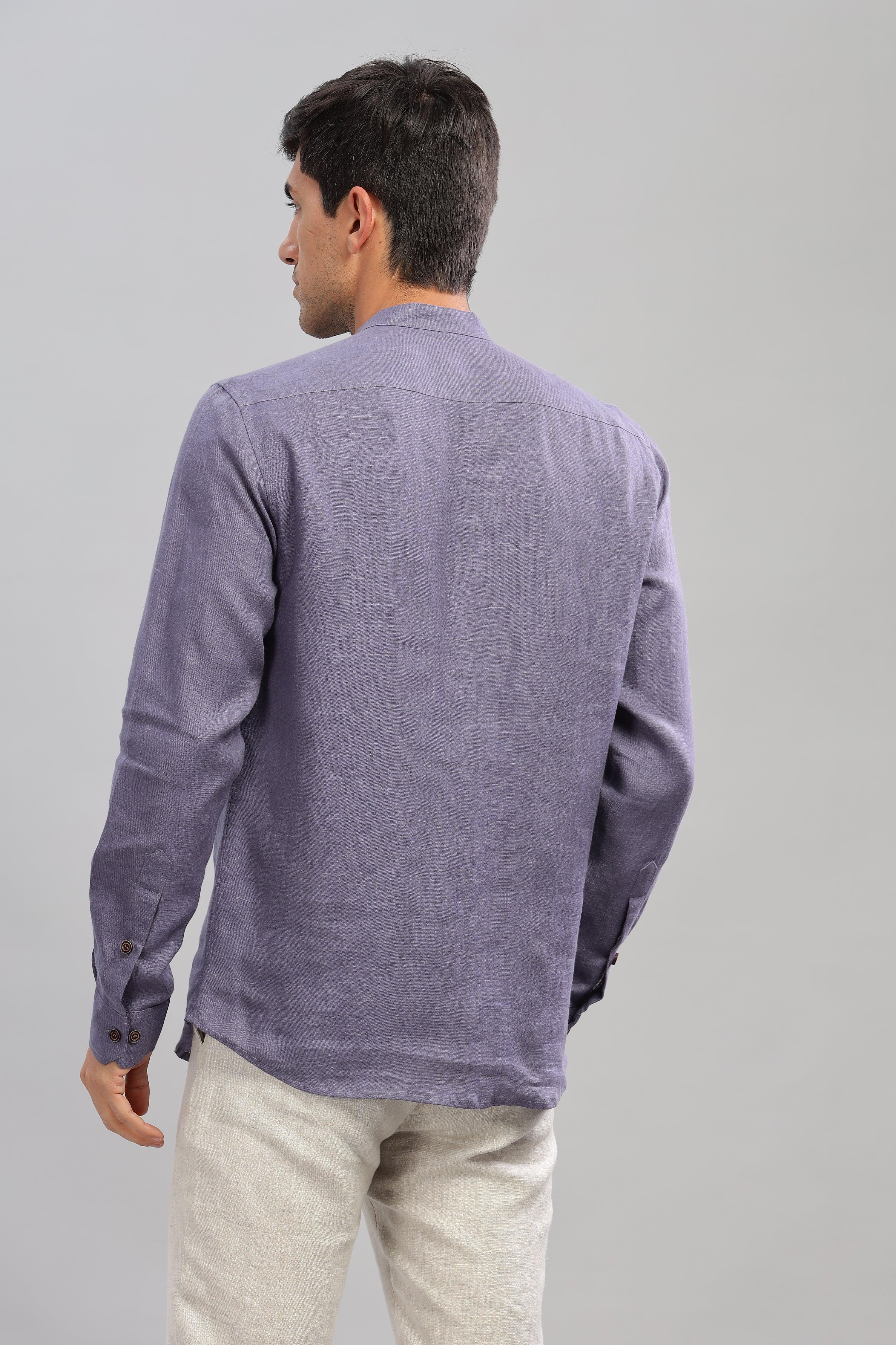 NILE Long Sleeves - 100% Pure Linen Half Placket Pitch Blue Shirt
