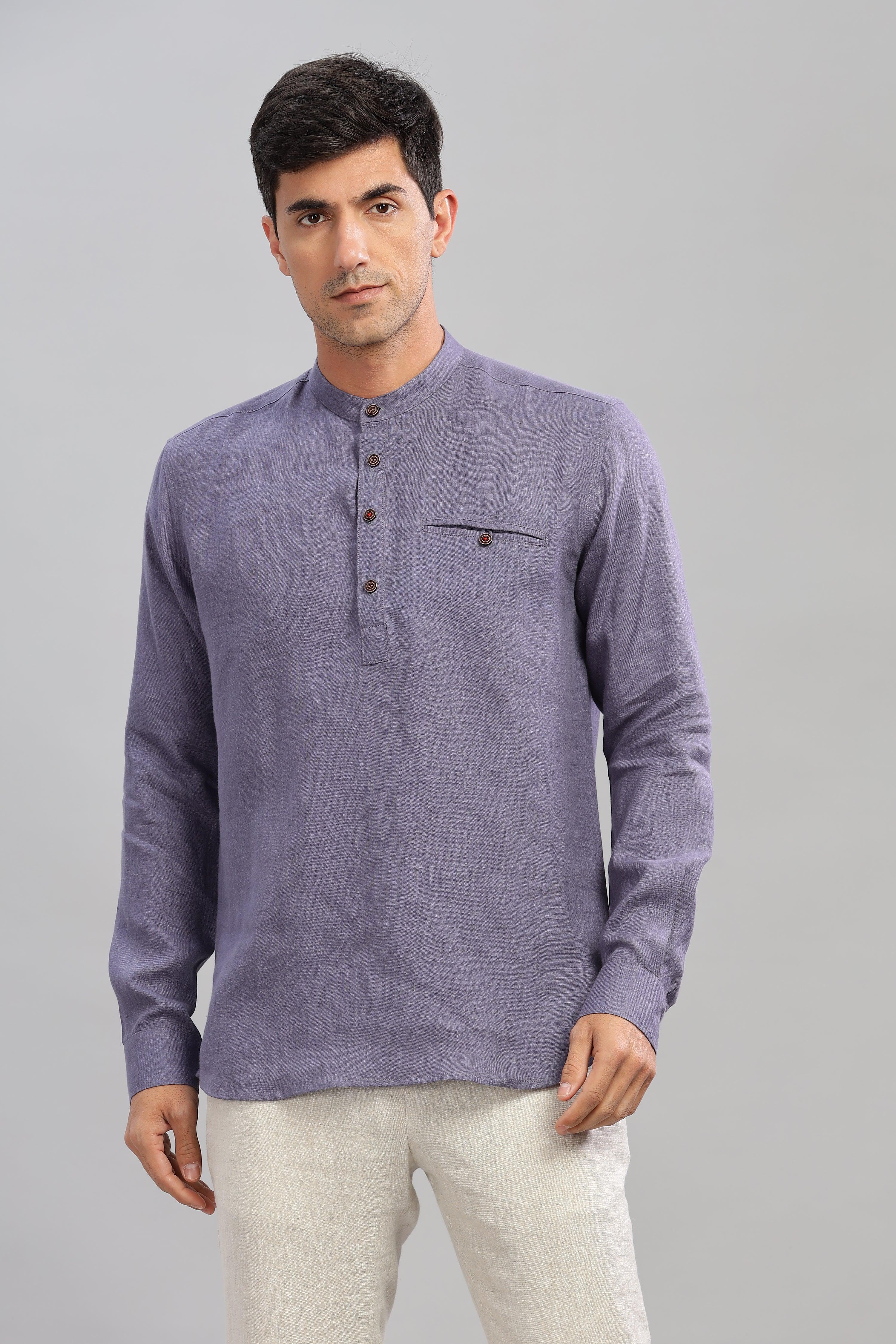 NILE Long Sleeves - 100% Pure Linen Half Placket Pitch Blue Shirt