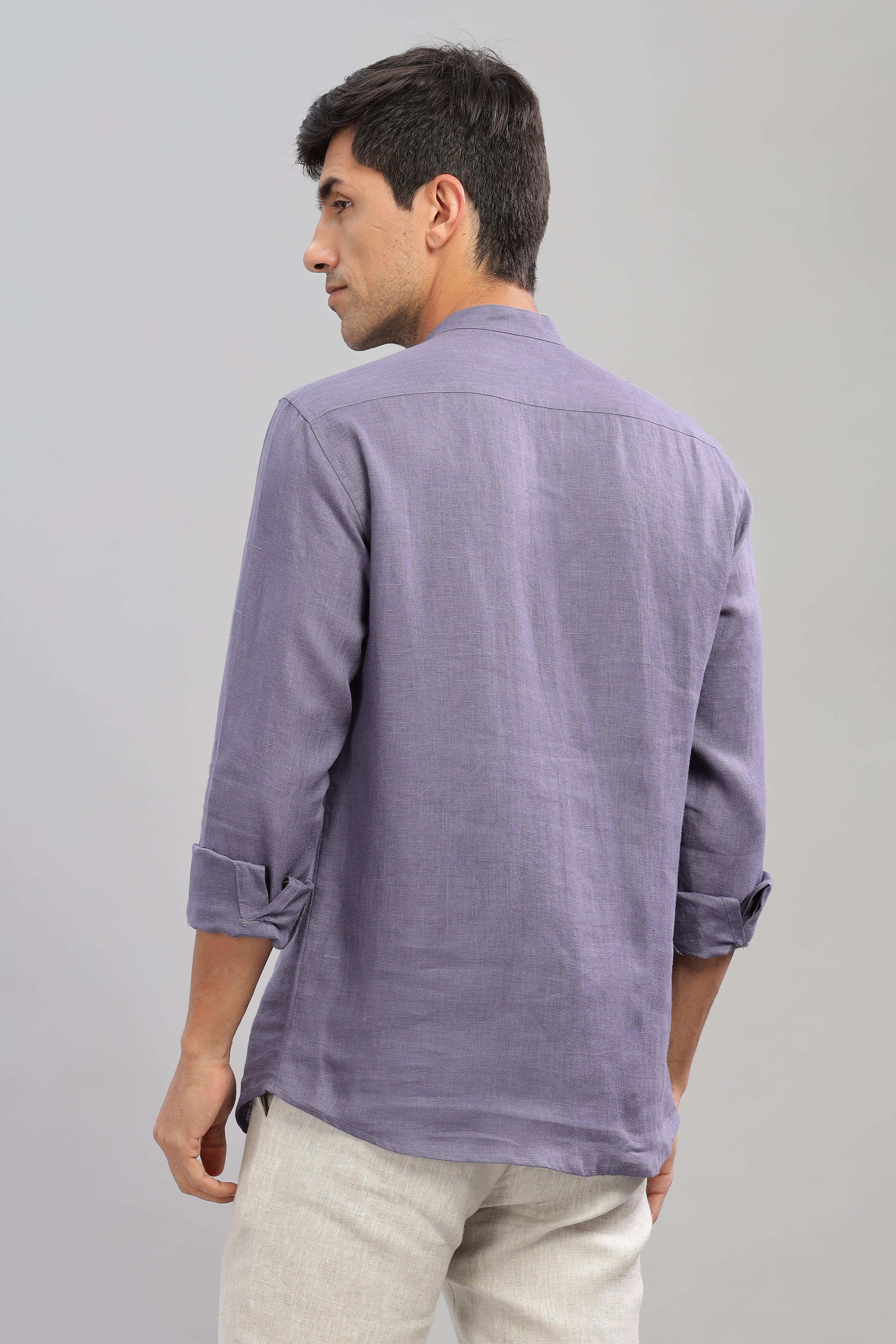 NILE Long Sleeves - 100% Pure Linen Half Placket Pitch Blue Shirt