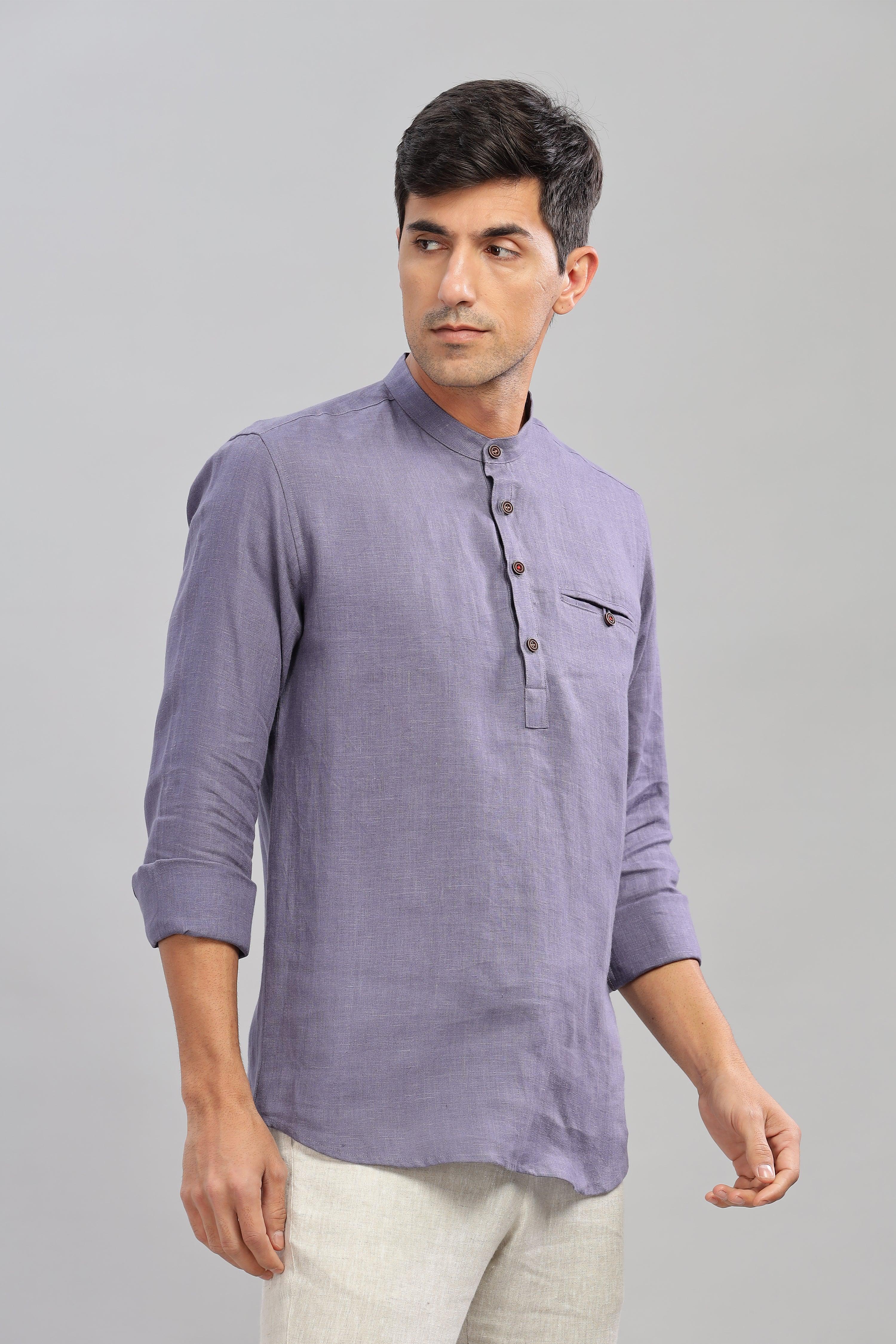 NILE Long Sleeves - 100% Pure Linen Half Placket Pitch Blue Shirt