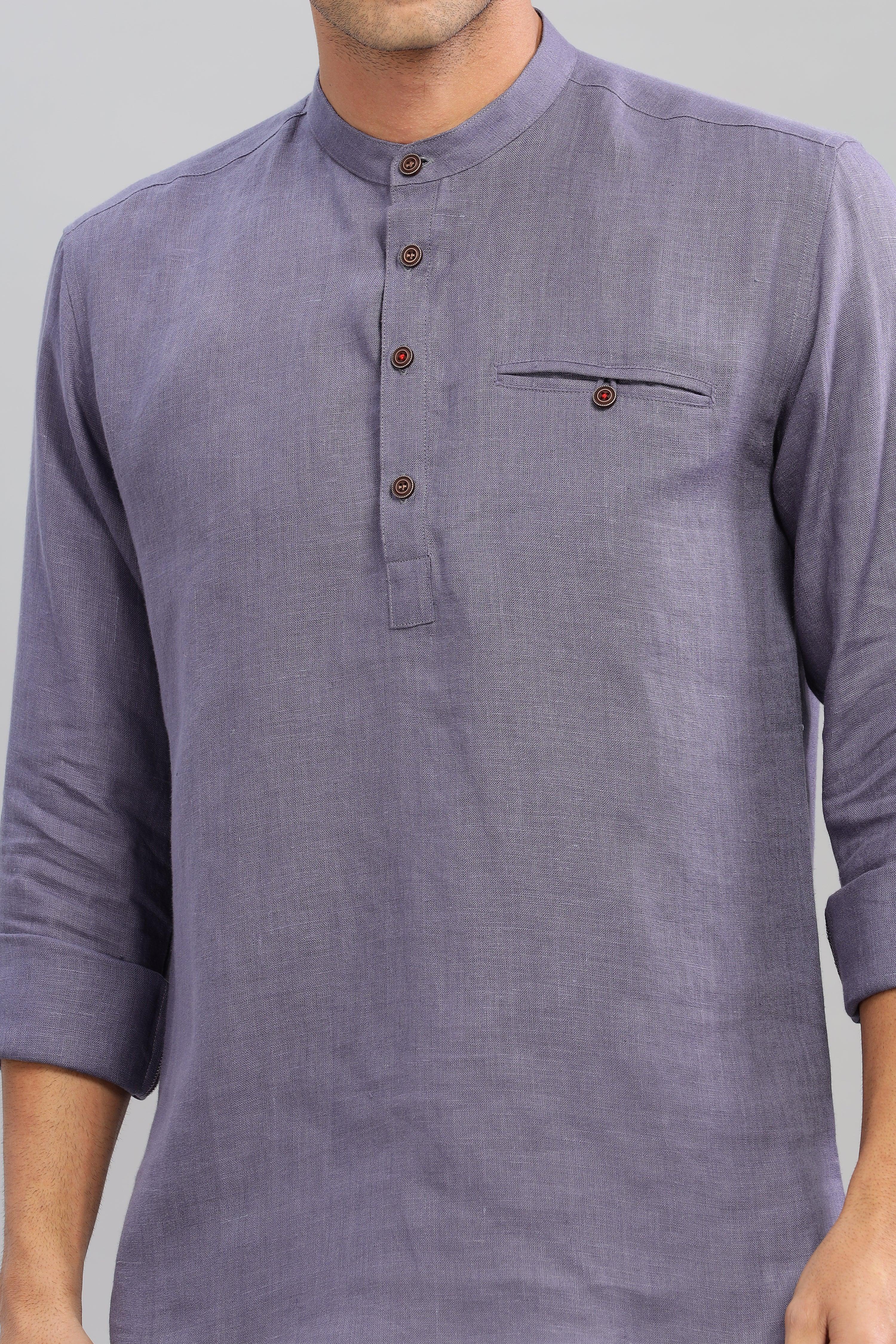 NILE Long Sleeves - 100% Pure Linen Half Placket Pitch Blue Shirt