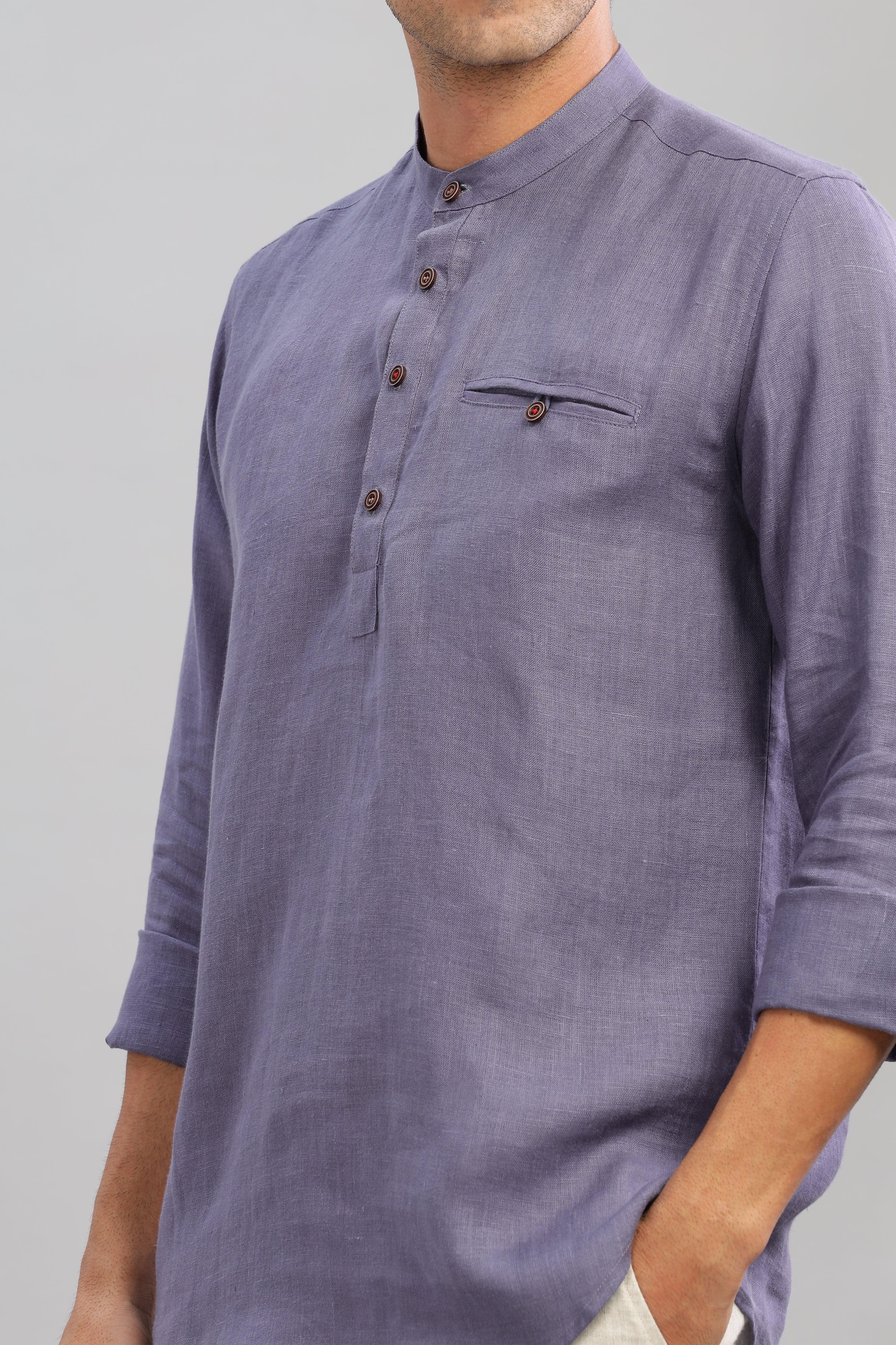 NILE Long Sleeves - 100% Pure Linen Half Placket Pitch Blue Shirt