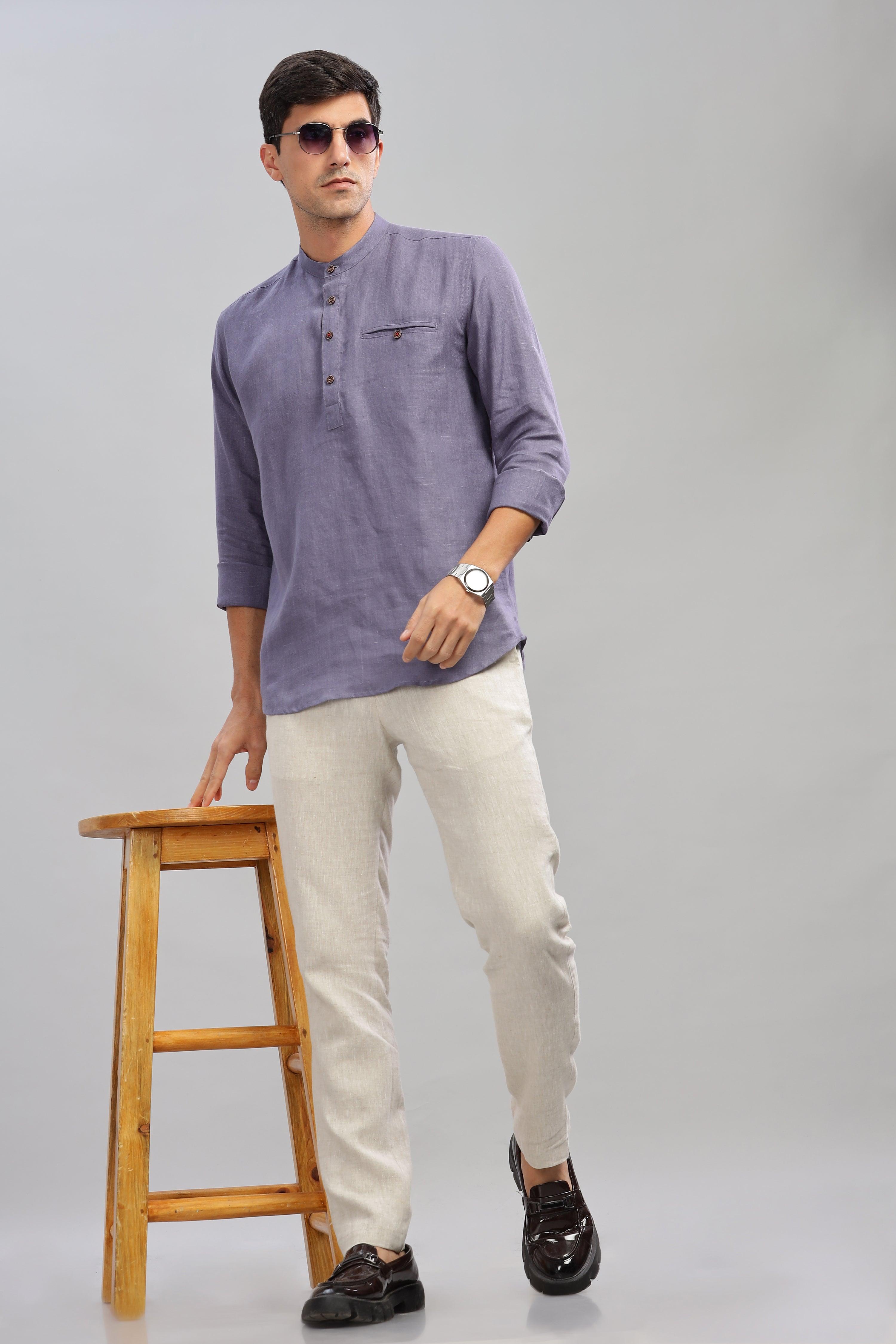NILE Long Sleeves - 100% Pure Linen Half Placket Pitch Blue Shirt
