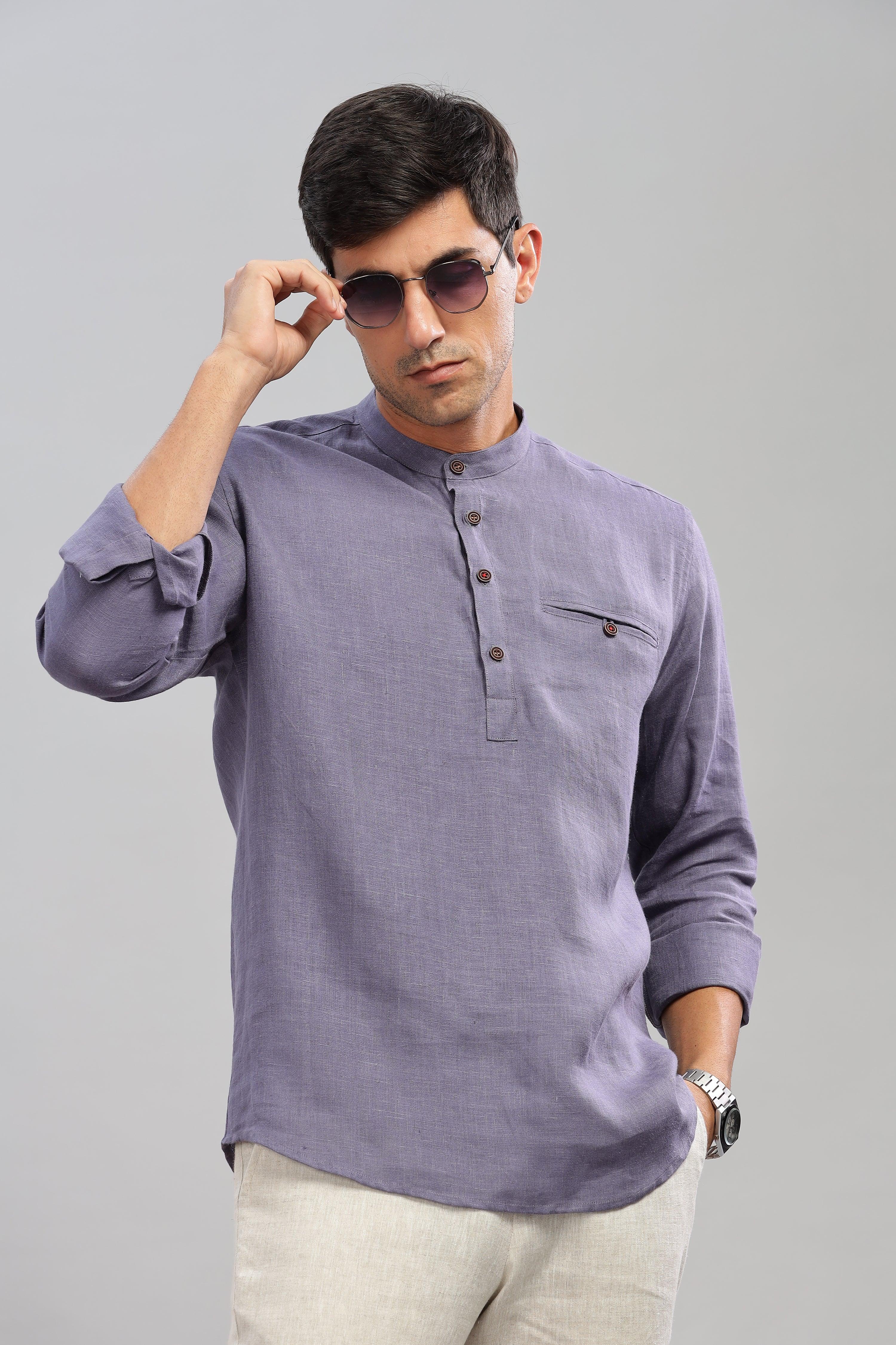 NILE Long Sleeves - 100% Pure Linen Half Placket Pitch Blue Shirt