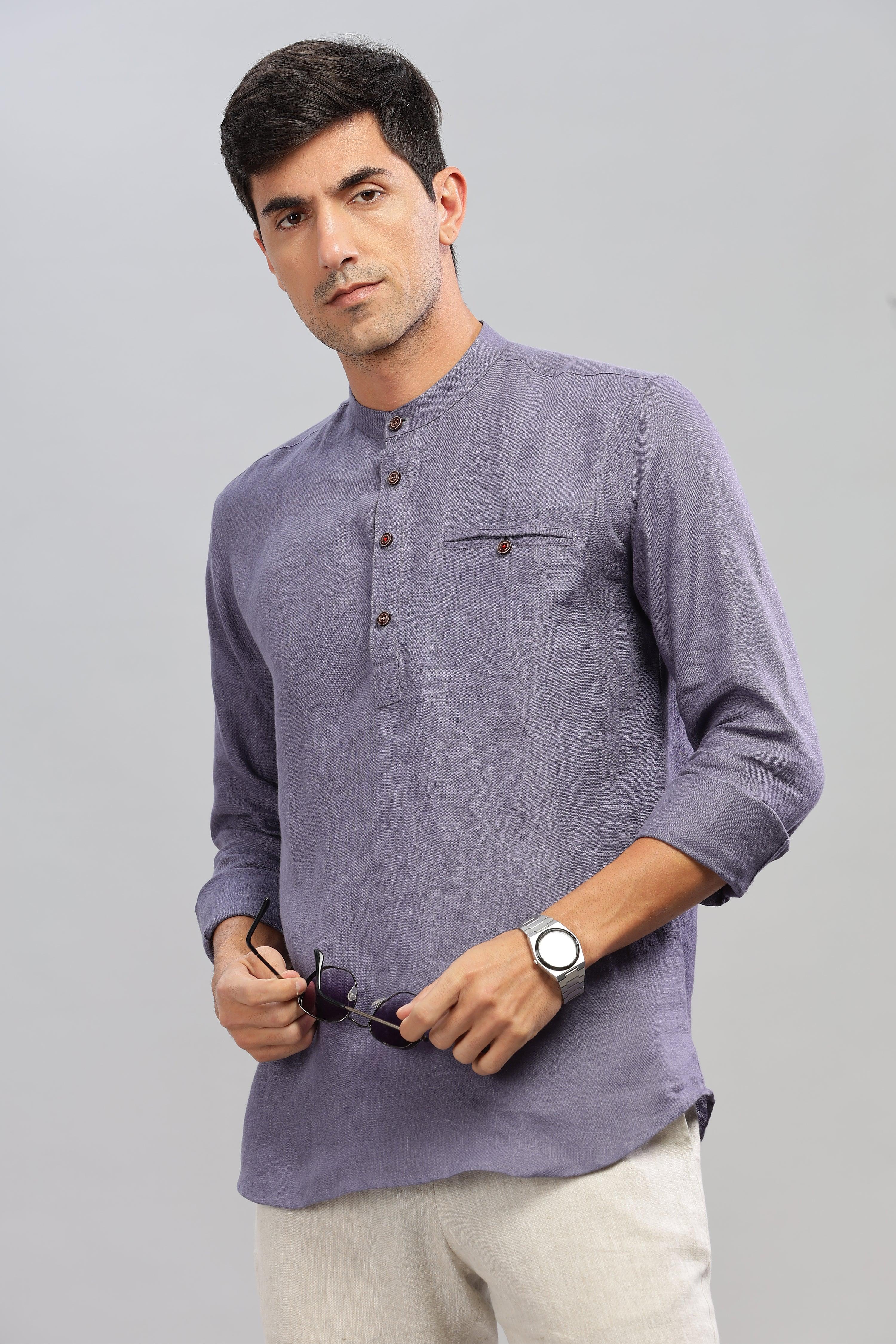 NILE Long Sleeves - 100% Pure Linen Half Placket Pitch Blue Shirt