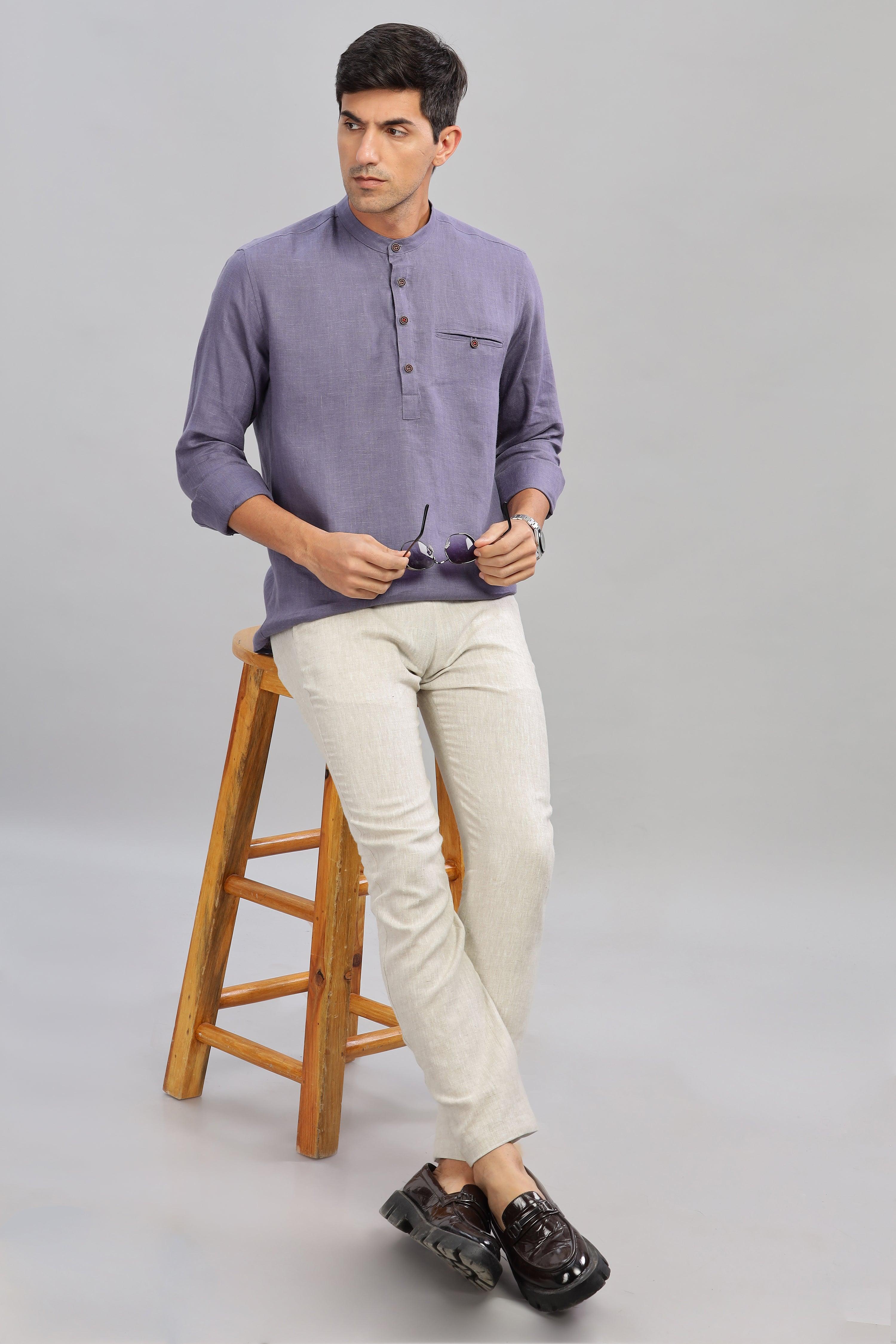 NILE Long Sleeves - 100% Pure Linen Half Placket Pitch Blue Shirt