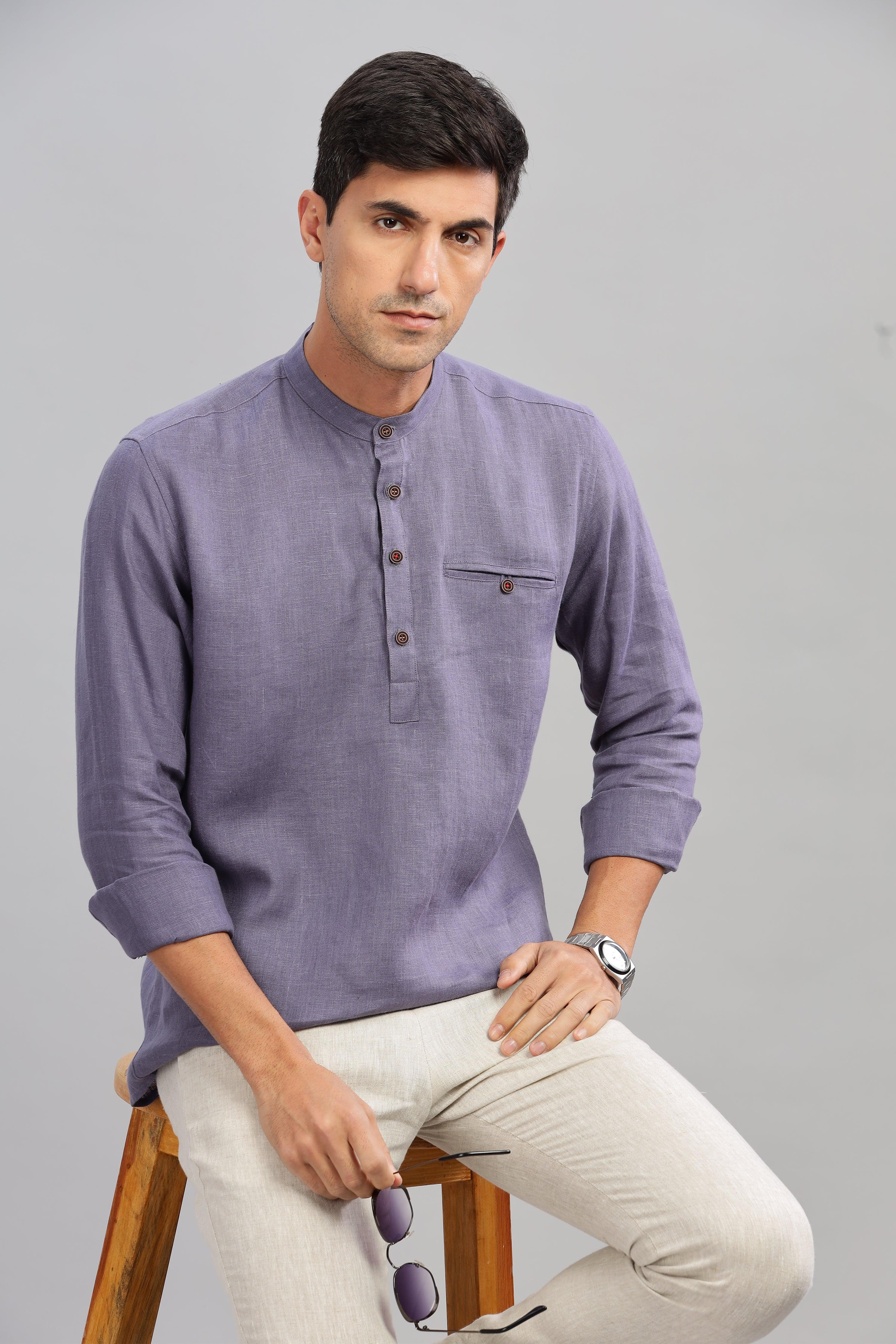 NILE Long Sleeves - 100% Pure Linen Half Placket Pitch Blue Shirt