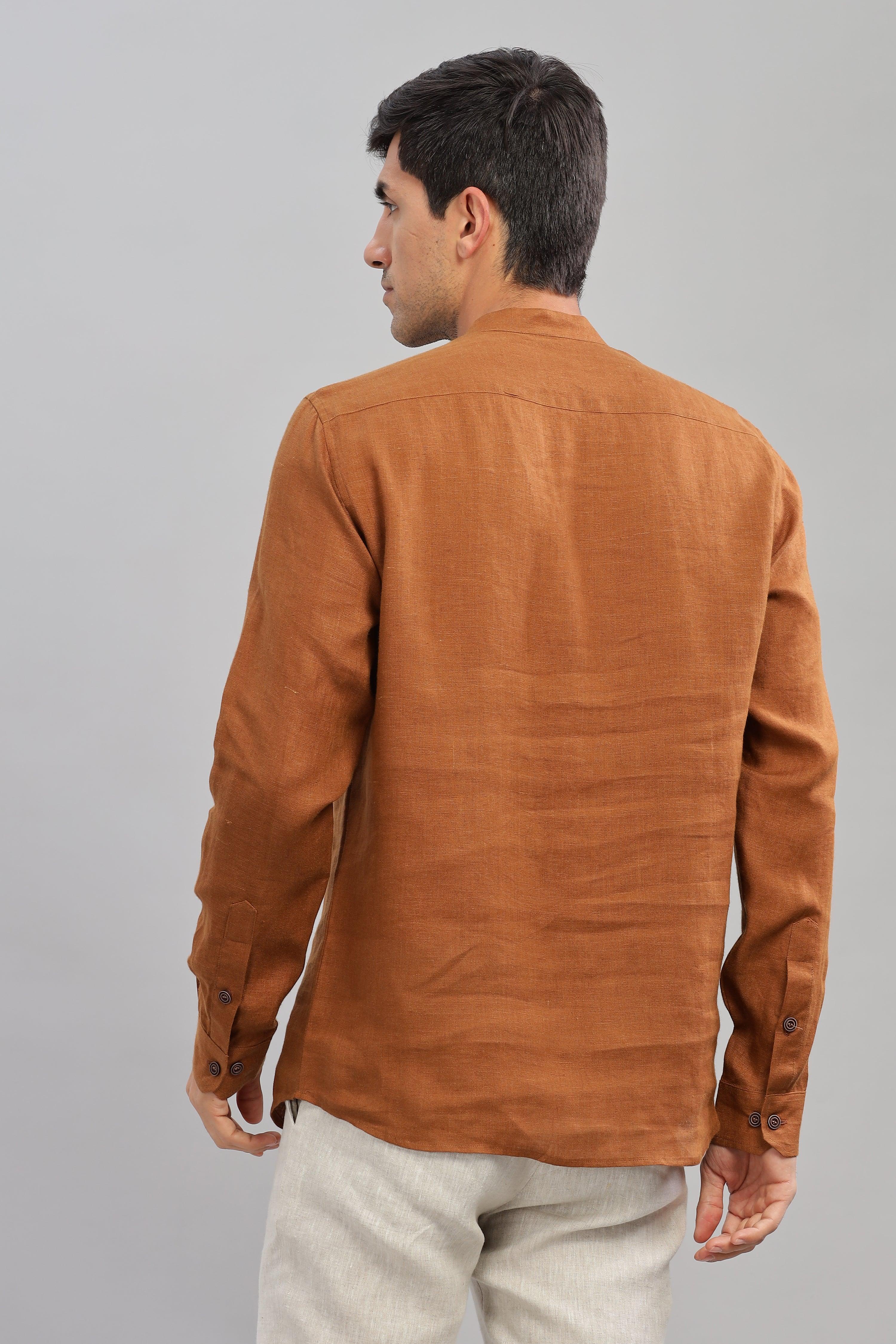 NILE Long Sleeves - 100% Pure Linen Half Placket Coffee Brown Shirt