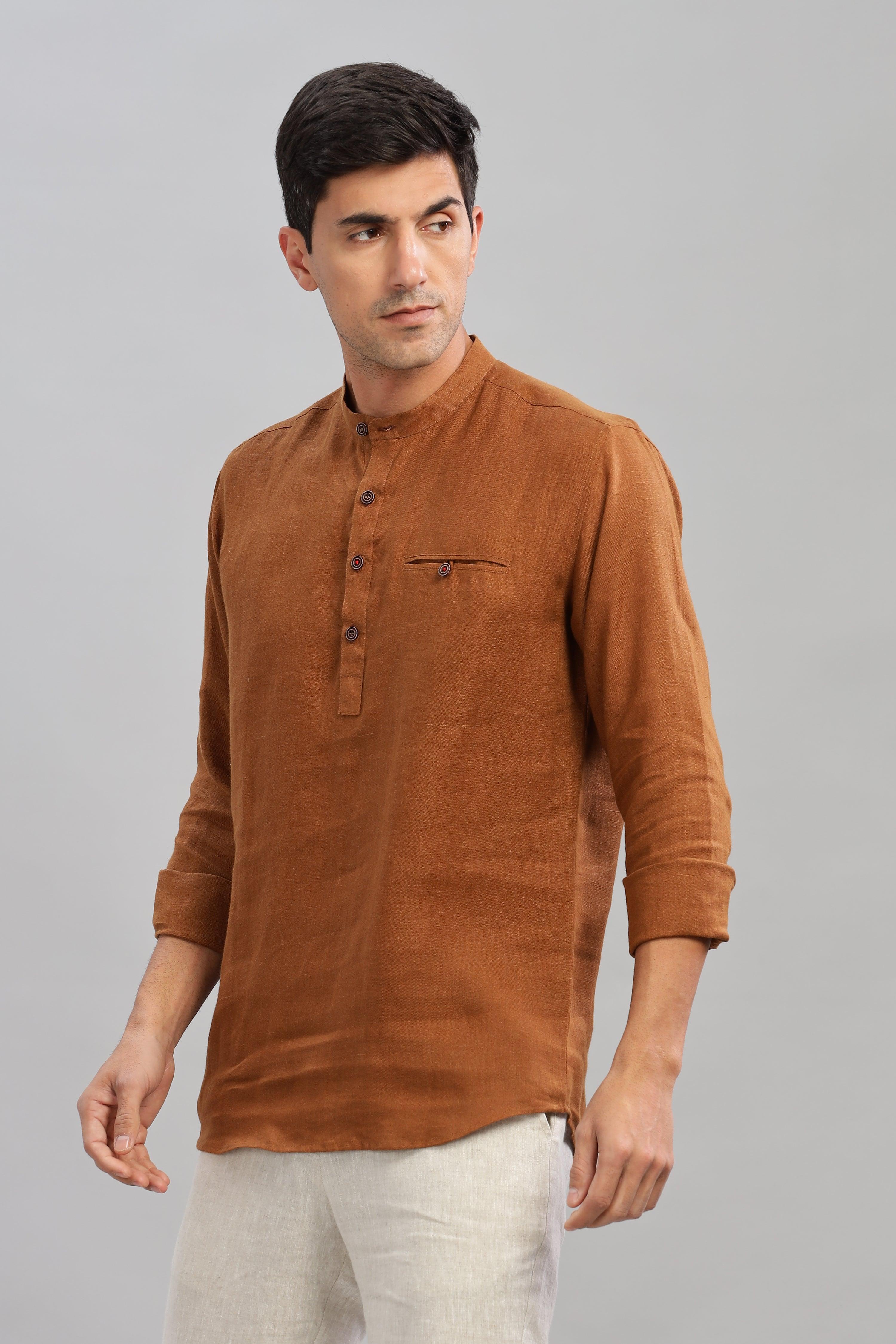 NILE Long Sleeves - 100% Pure Linen Half Placket Coffee Brown Shirt
