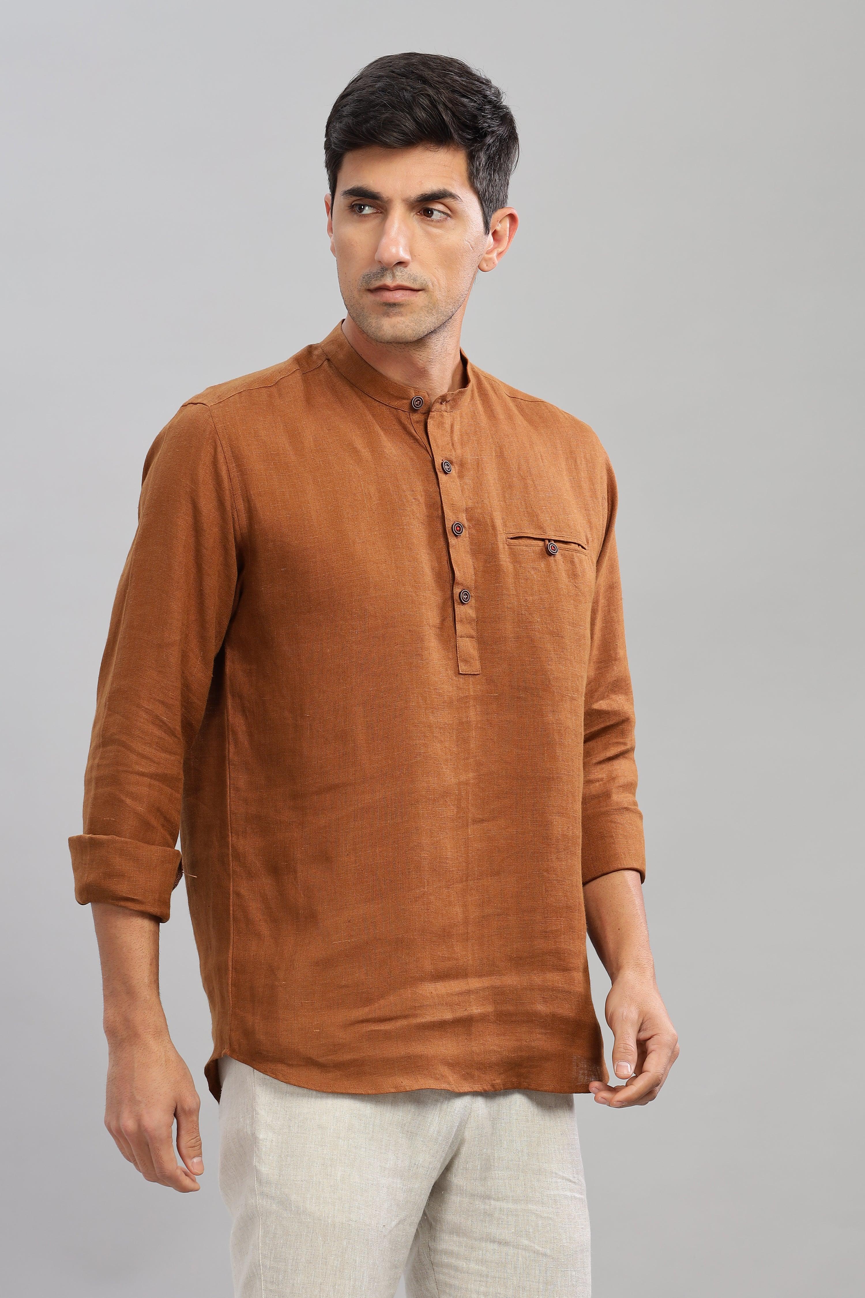 NILE Long Sleeves - 100% Pure Linen Half Placket Coffee Brown Shirt