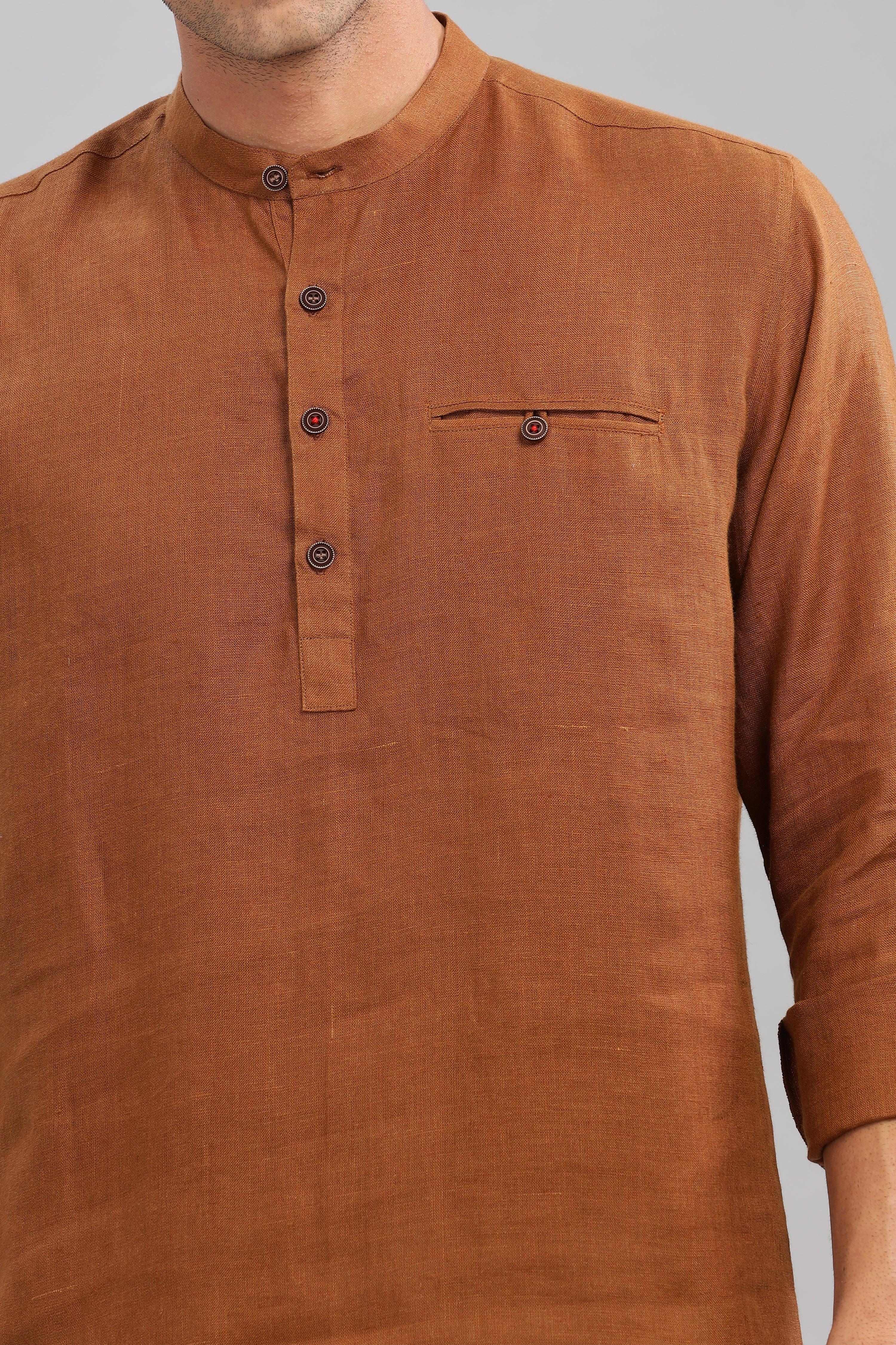 NILE Long Sleeves - 100% Pure Linen Half Placket Coffee Brown Shirt