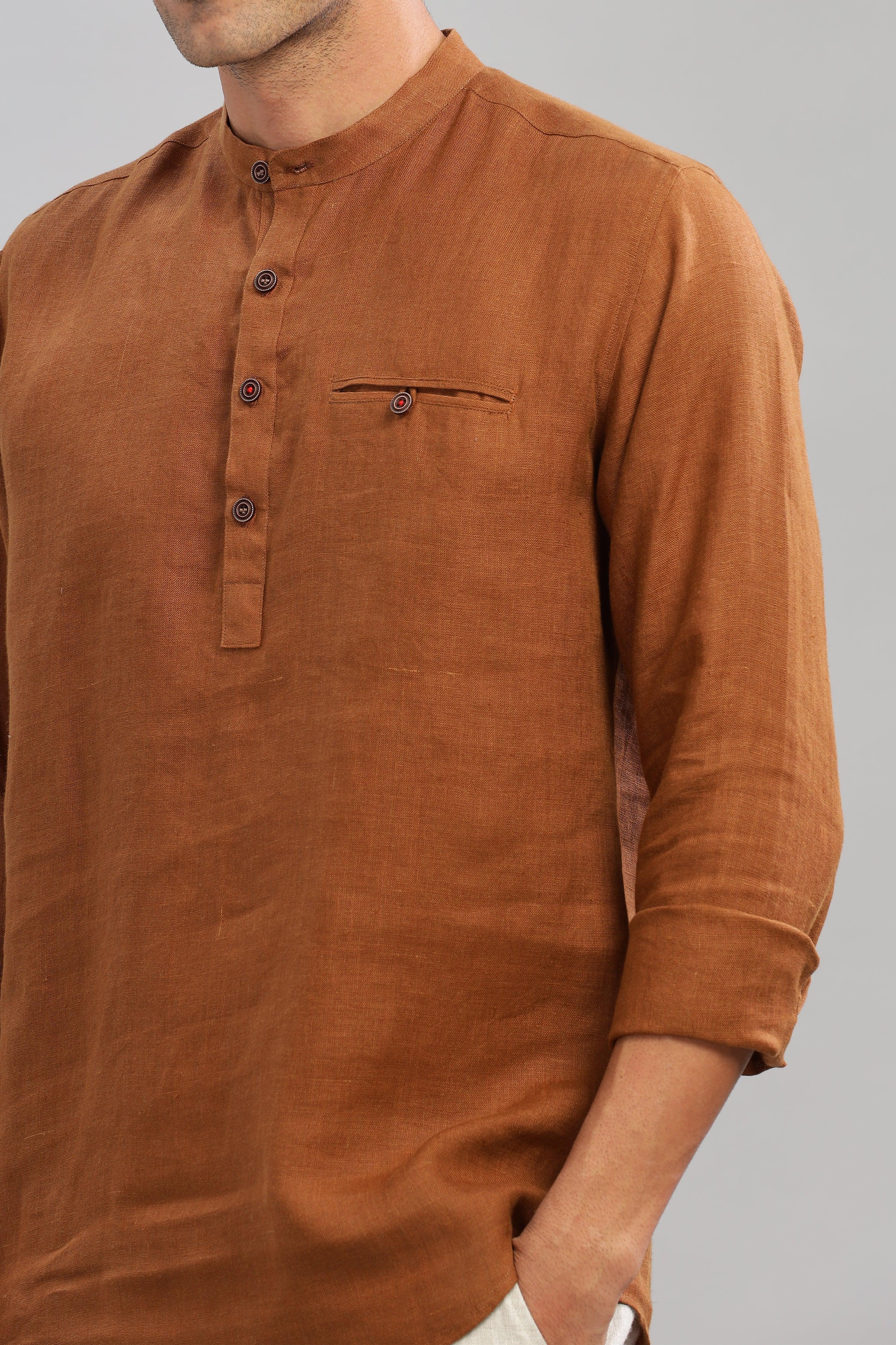 NILE Long Sleeves - 100% Pure Linen Half Placket Coffee Brown Shirt