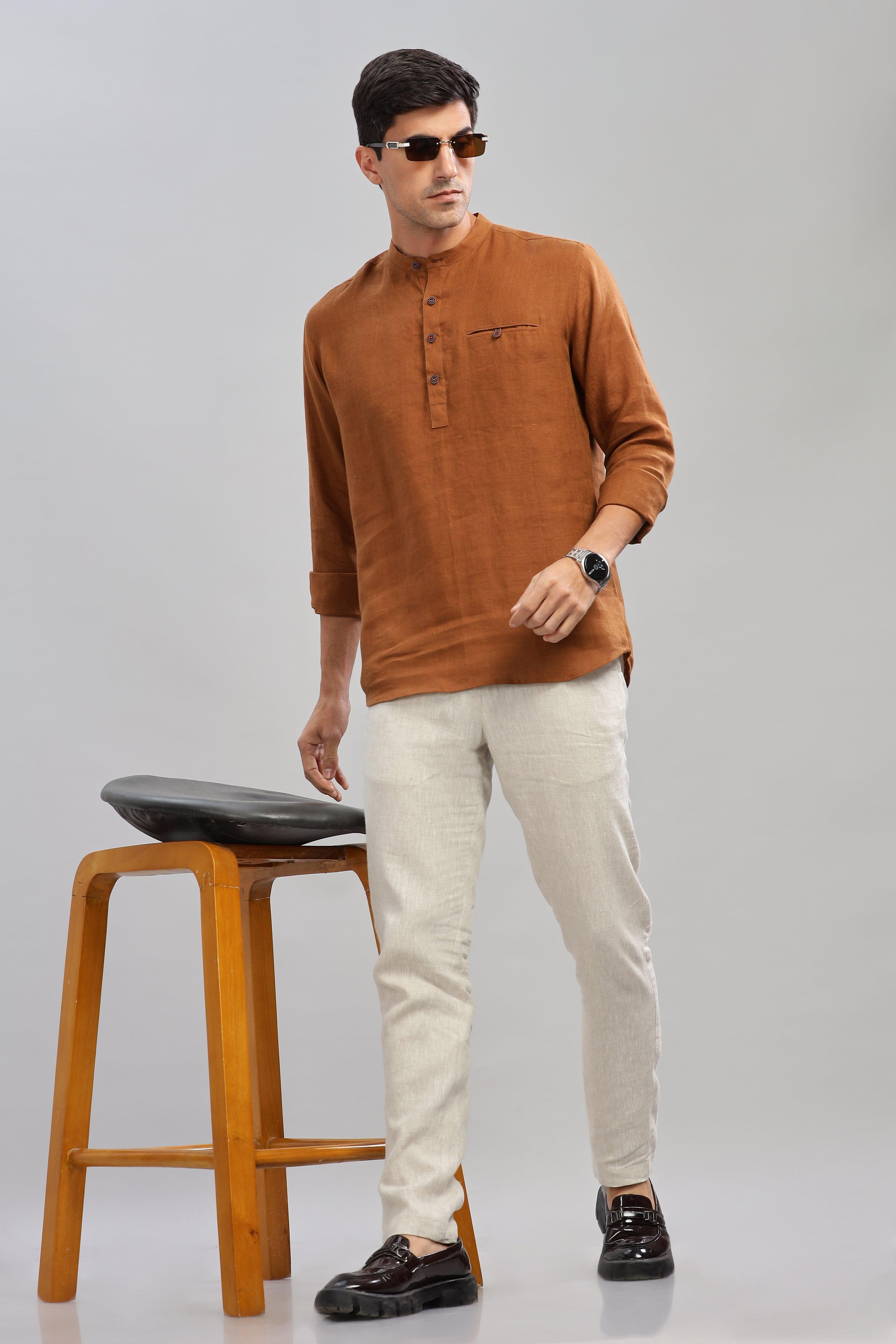 NILE Long Sleeves - 100% Pure Linen Half Placket Coffee Brown Shirt