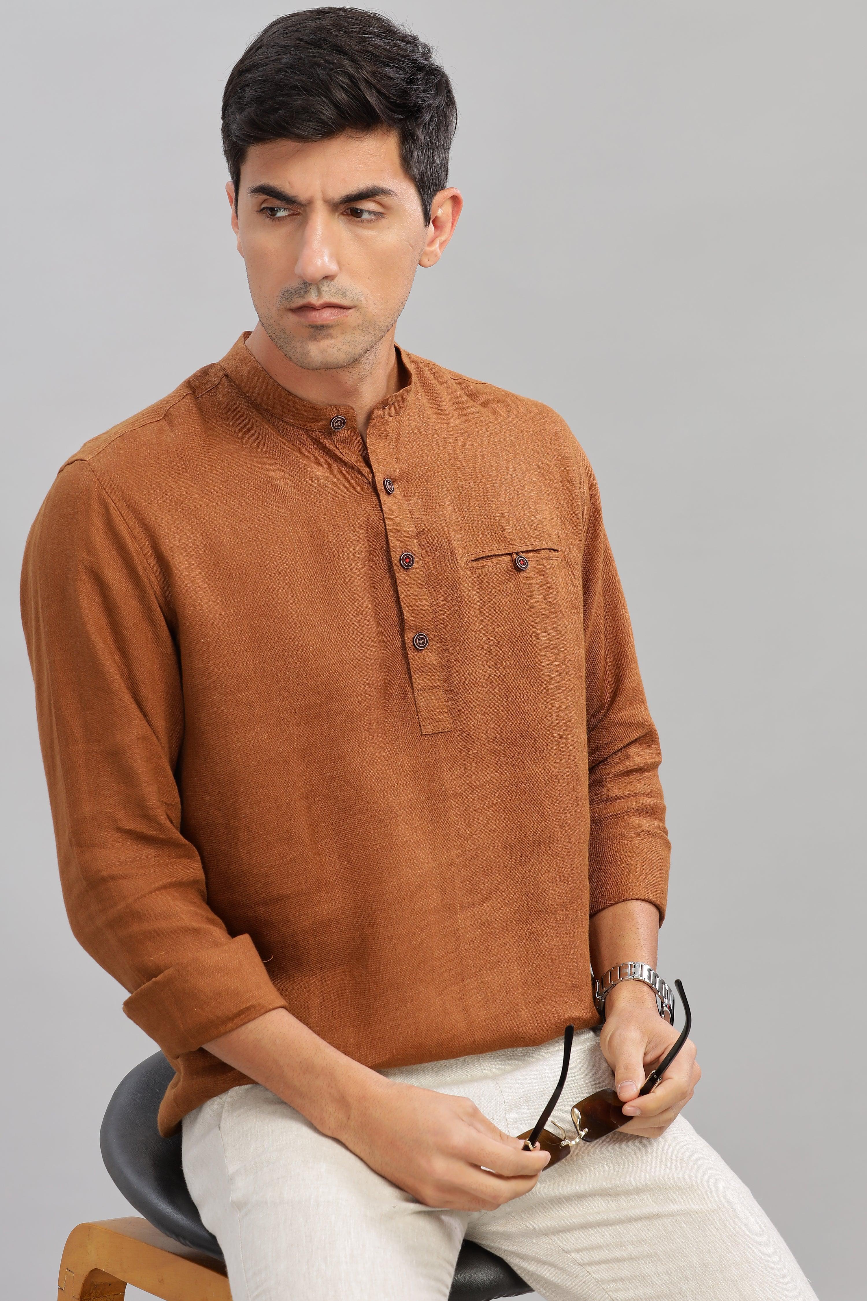 NILE Long Sleeves - 100% Pure Linen Half Placket Coffee Brown Shirt