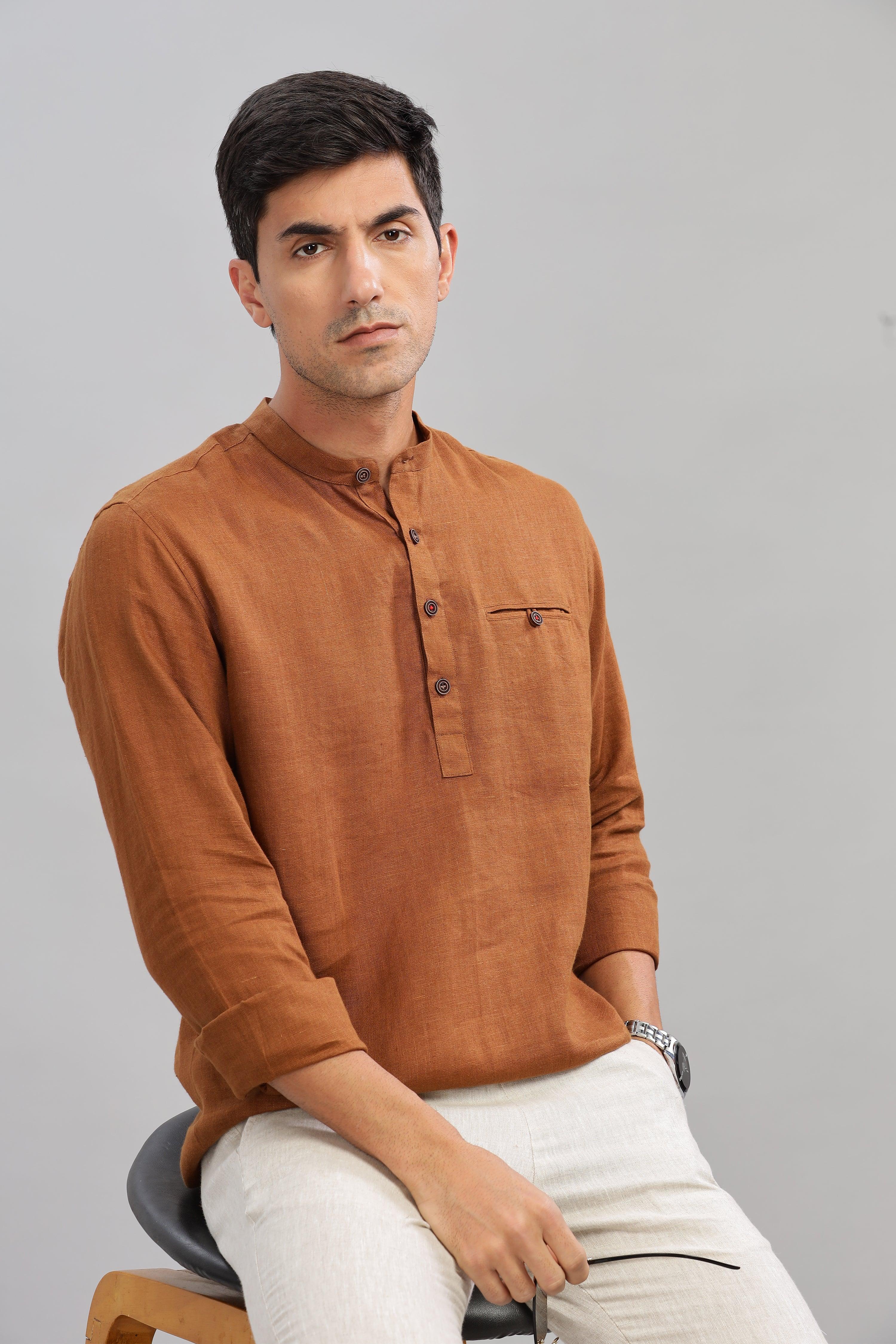 NILE Long Sleeves - 100% Pure Linen Half Placket Coffee Brown Shirt