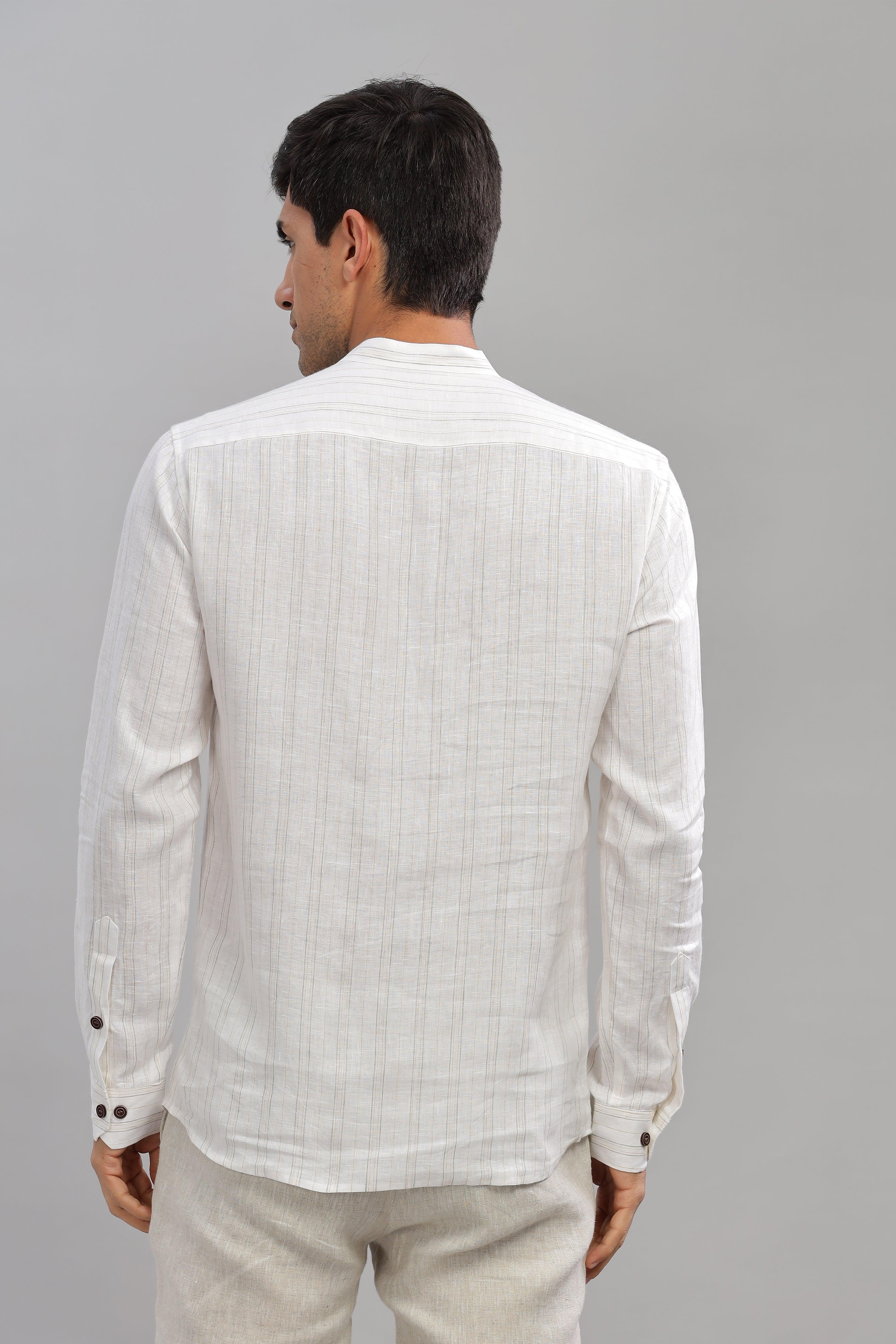 NILE Long Sleeves - 100% Pure Linen Half Placket Grey Yellow stripes Shirt