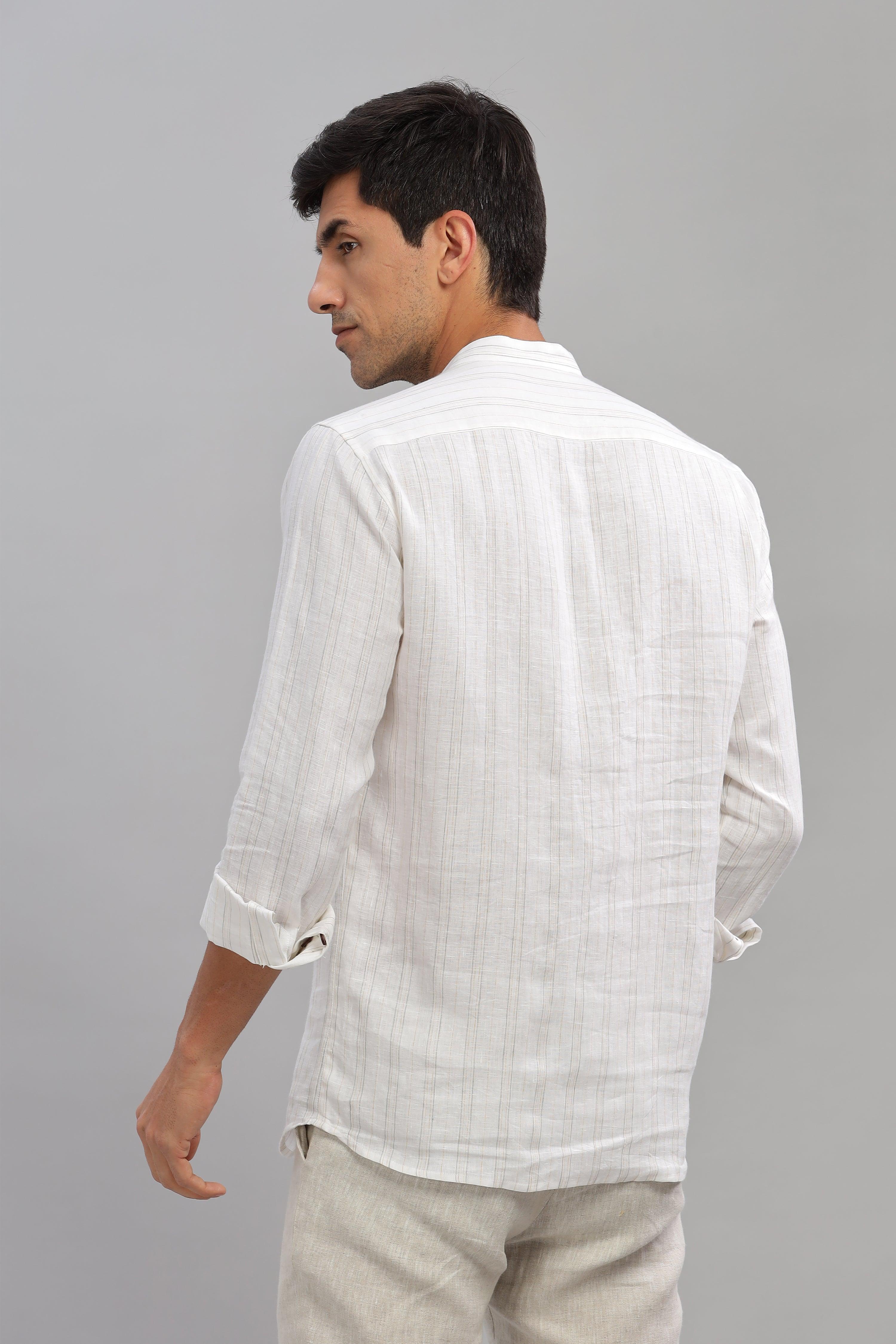 NILE Long Sleeves - 100% Pure Linen Half Placket Grey Yellow stripes Shirt