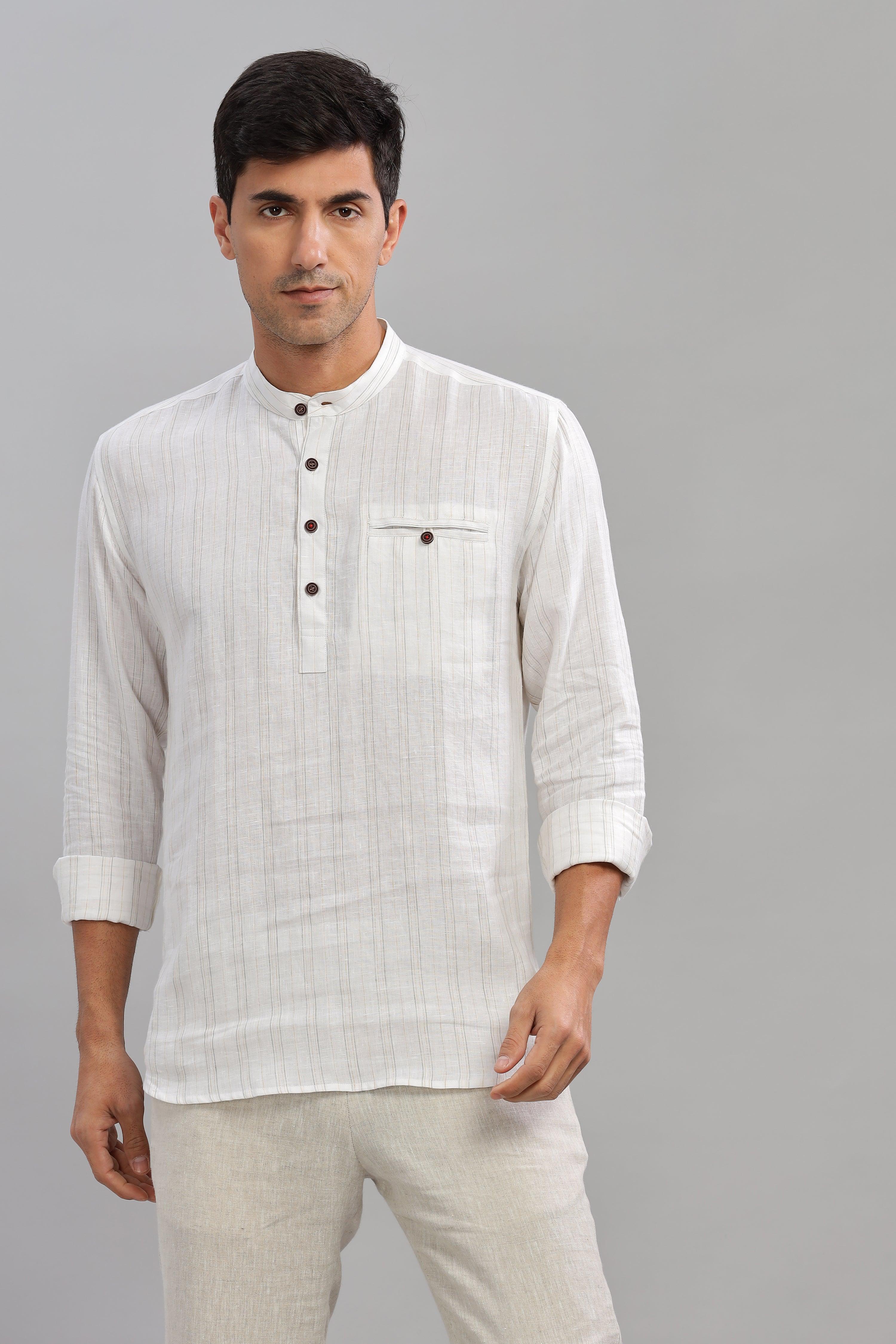 NILE Long Sleeves - 100% Pure Linen Half Placket Grey Yellow stripes Shirt