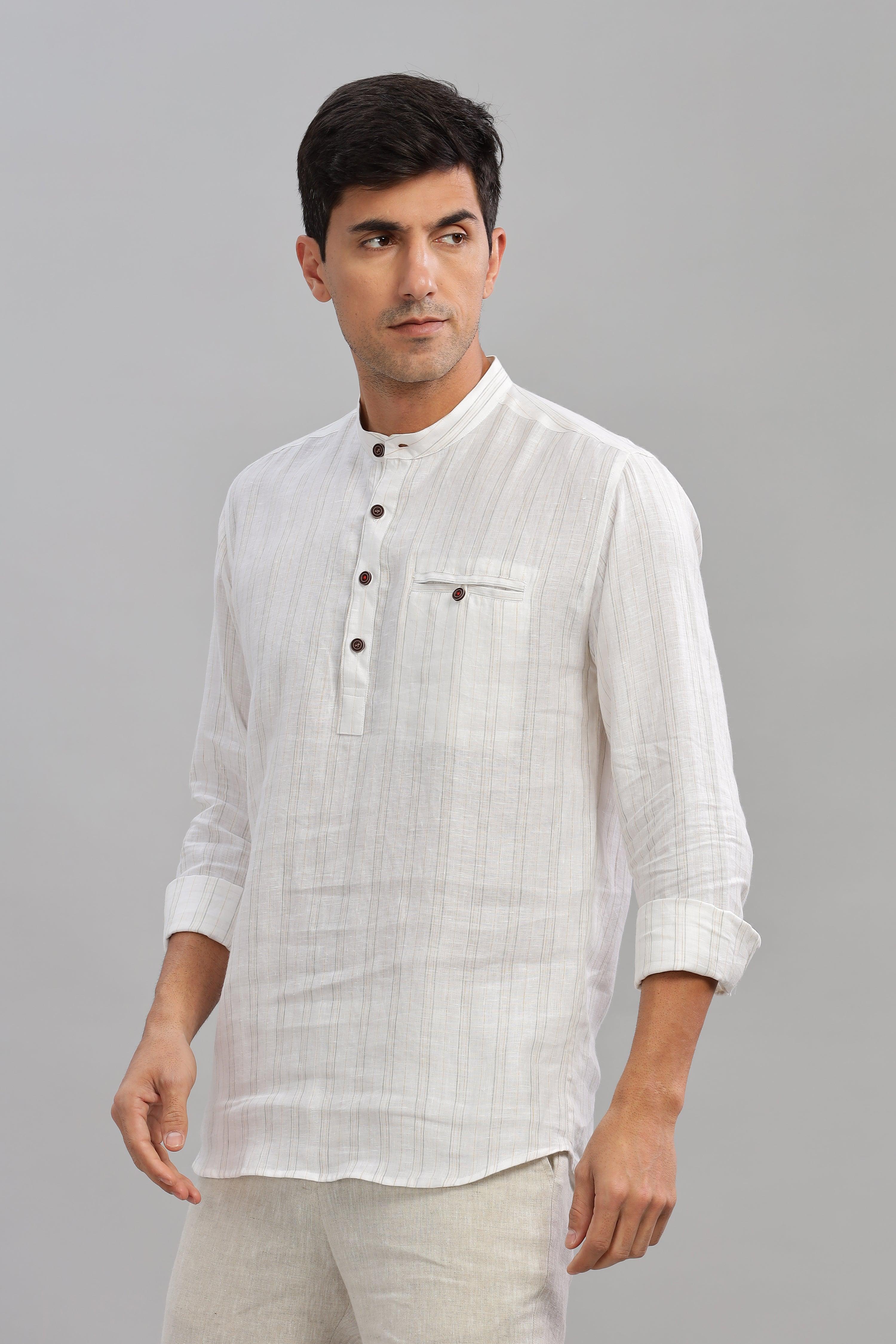 NILE Long Sleeves - 100% Pure Linen Half Placket Grey Yellow stripes Shirt