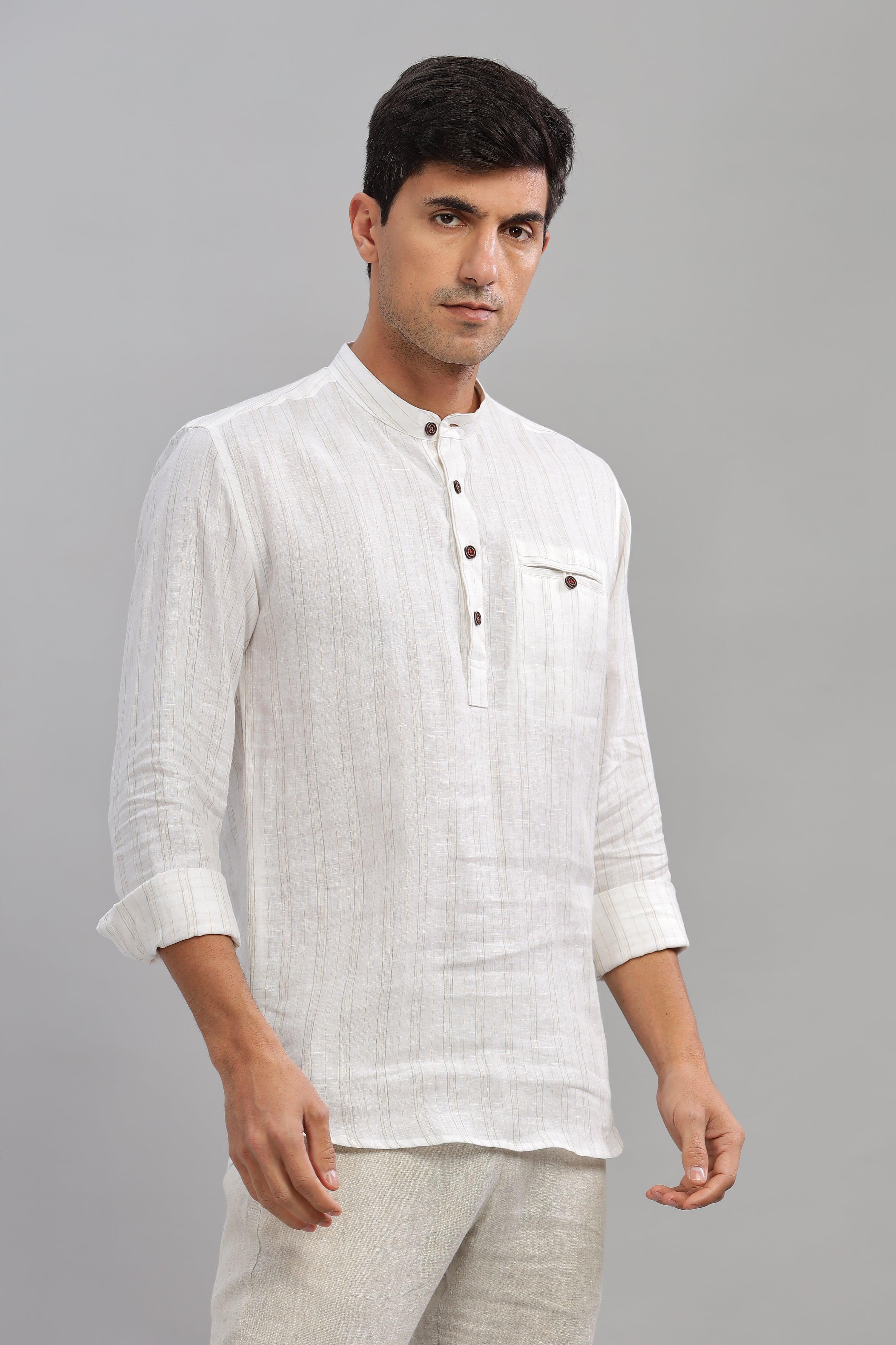 NILE Long Sleeves - 100% Pure Linen Half Placket Grey Yellow stripes Shirt