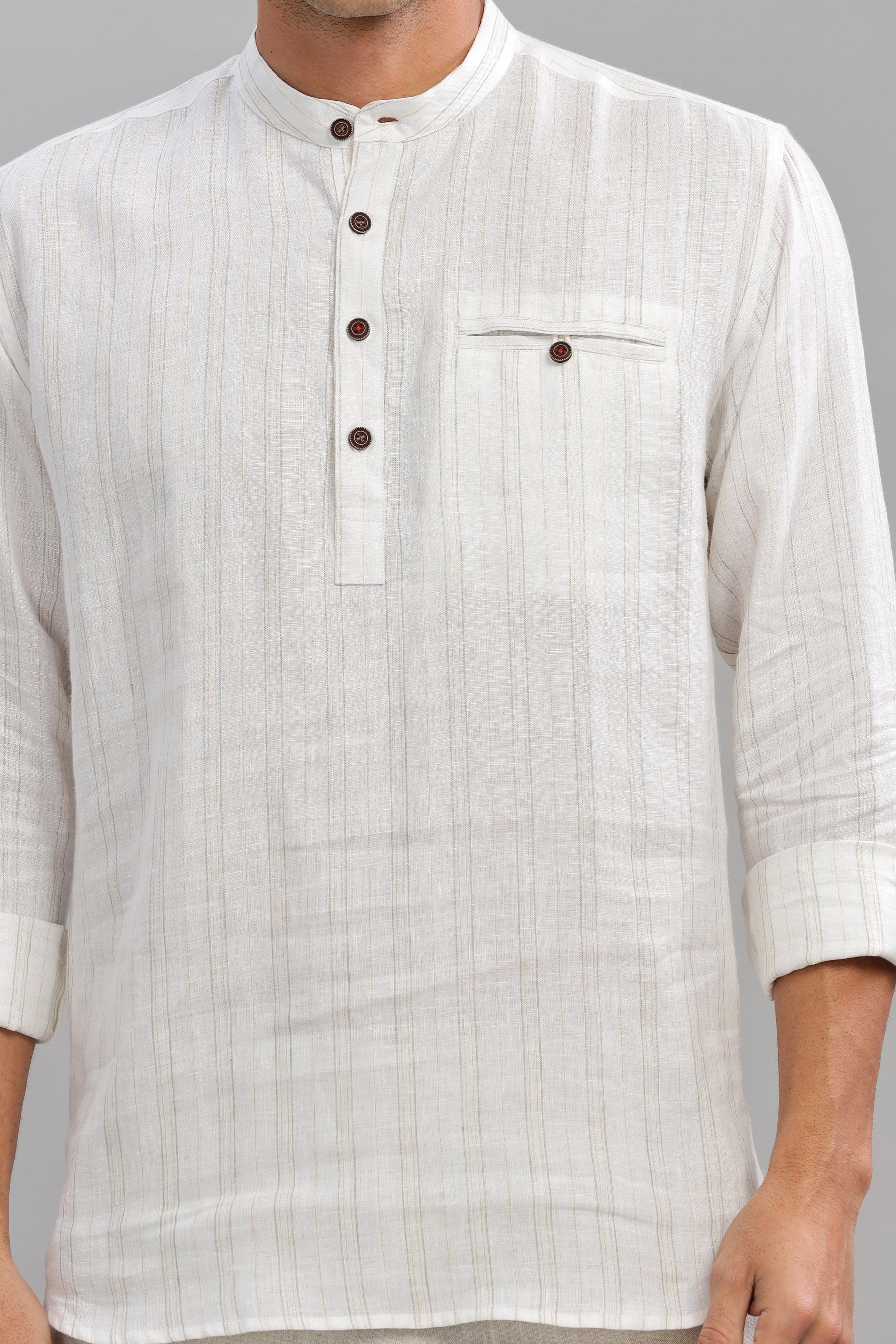 NILE Long Sleeves - 100% Pure Linen Half Placket Grey Yellow stripes Shirt