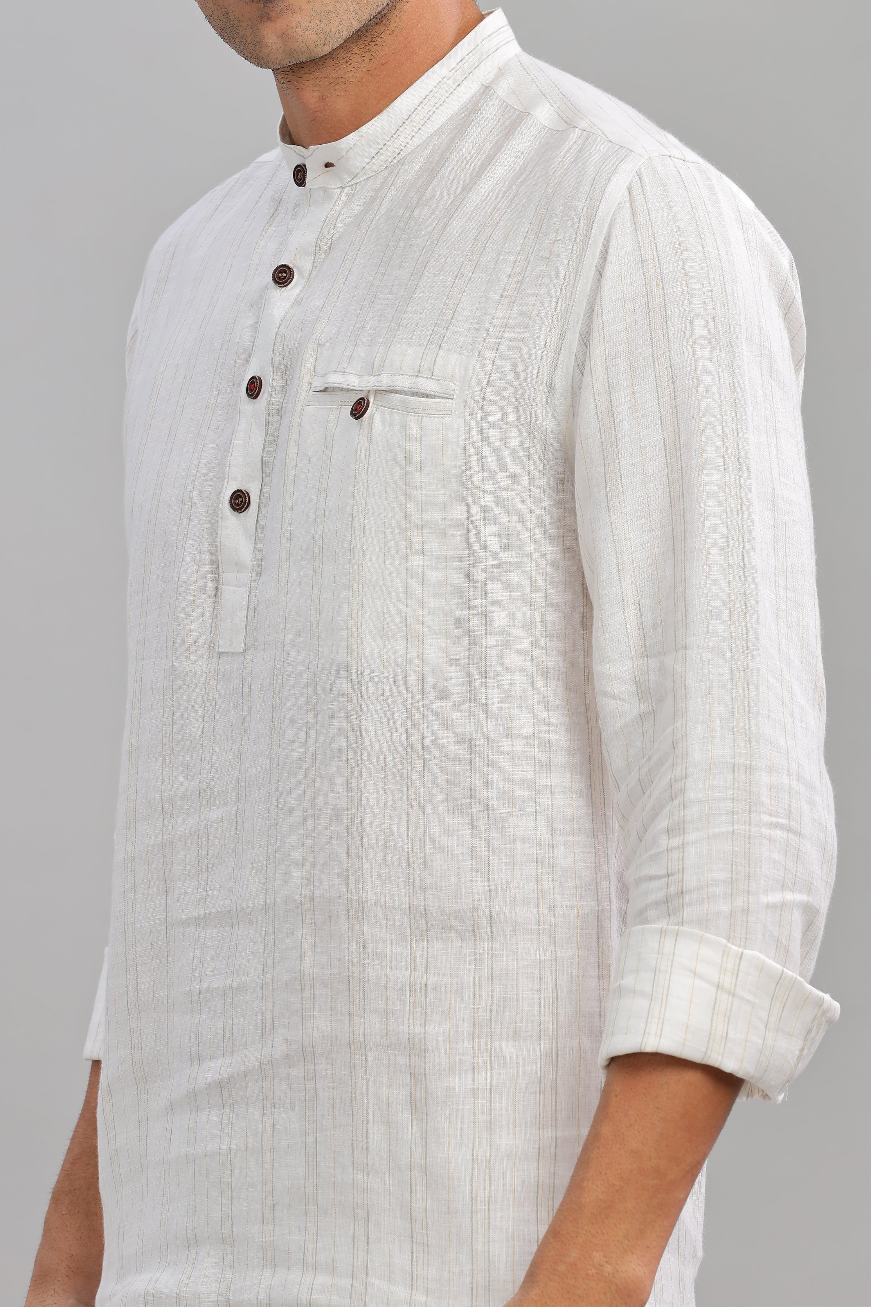 NILE Long Sleeves - 100% Pure Linen Half Placket Grey Yellow stripes Shirt