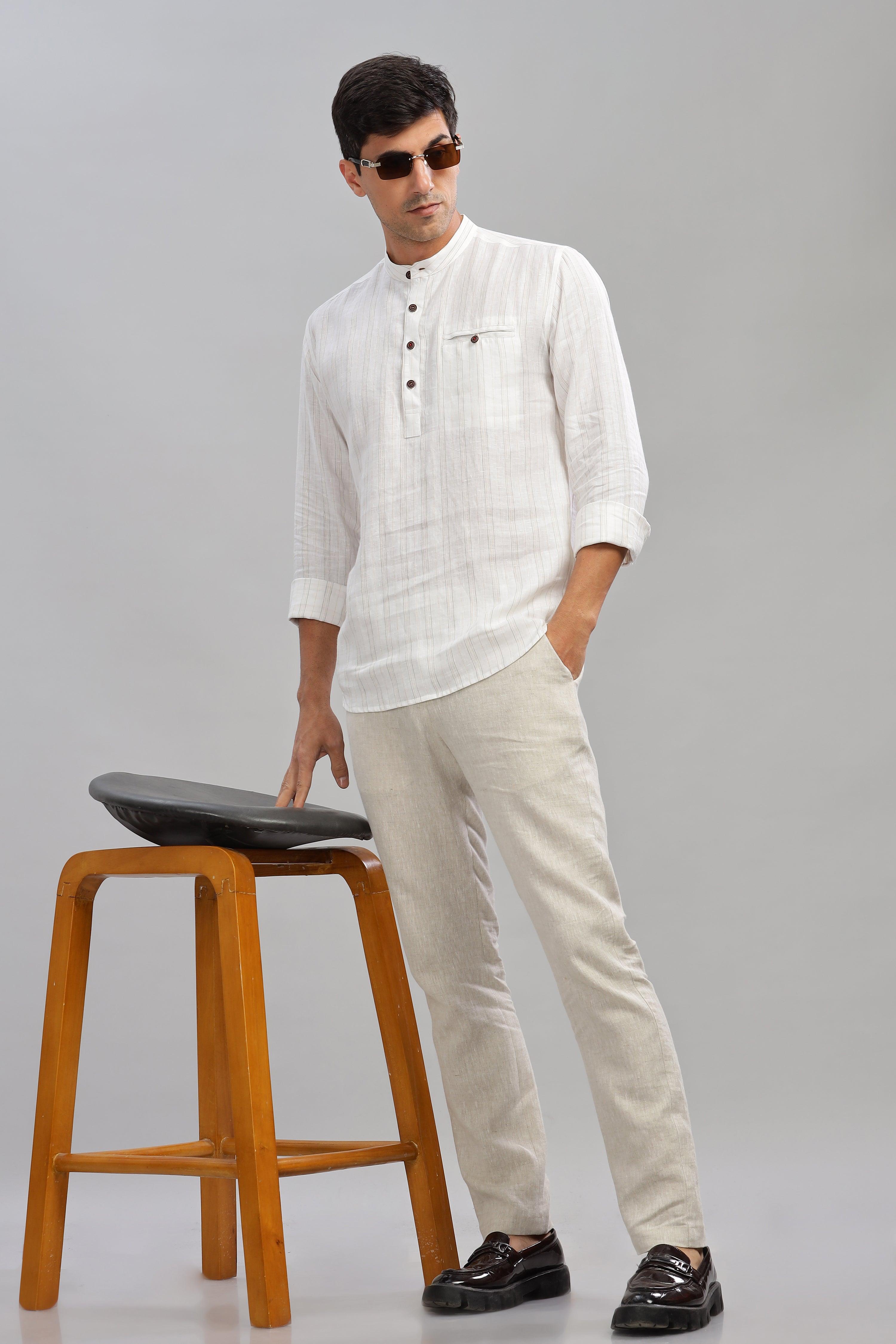 NILE Long Sleeves - 100% Pure Linen Half Placket Grey Yellow stripes Shirt