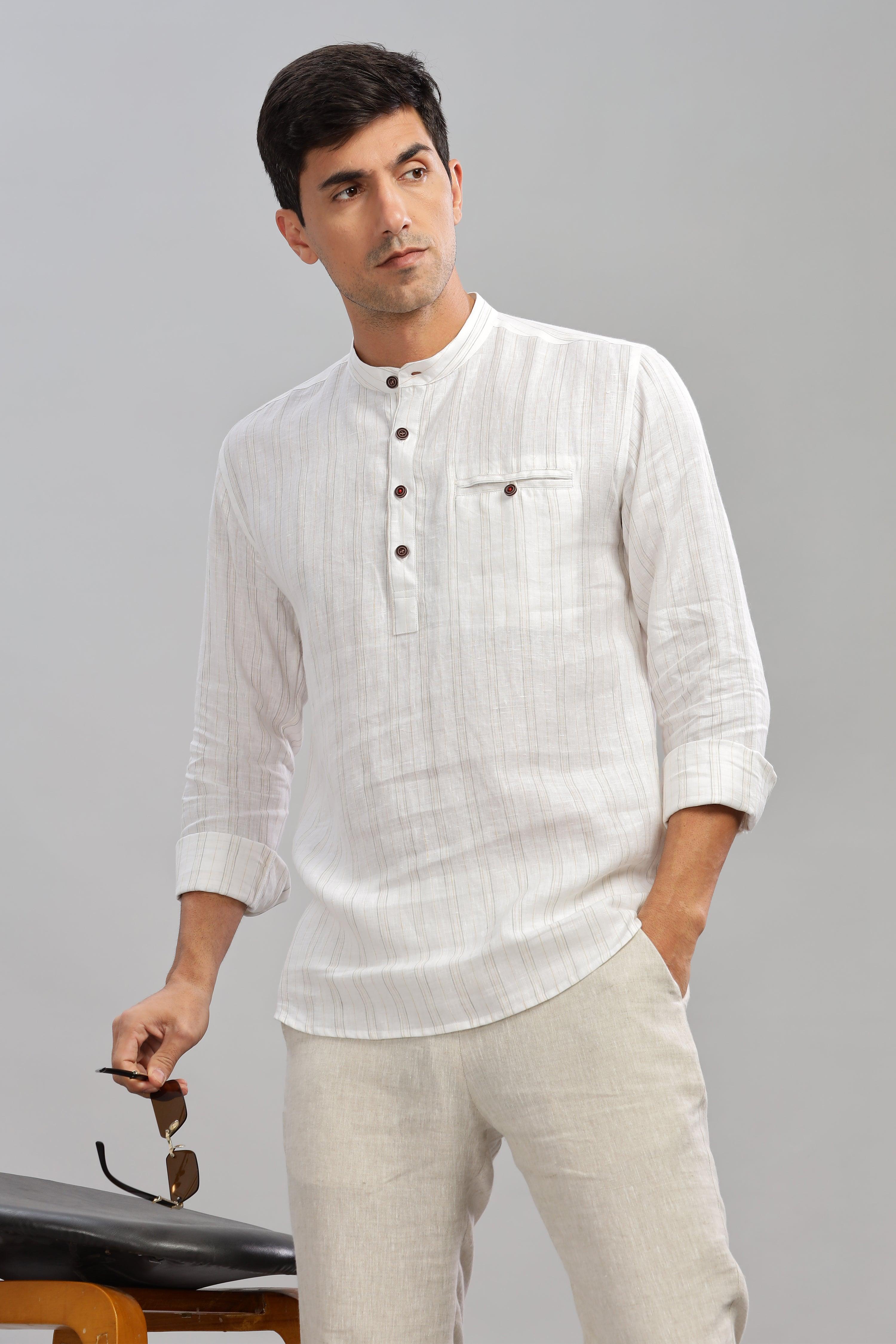 NILE Long Sleeves - 100% Pure Linen Half Placket Grey Yellow stripes Shirt