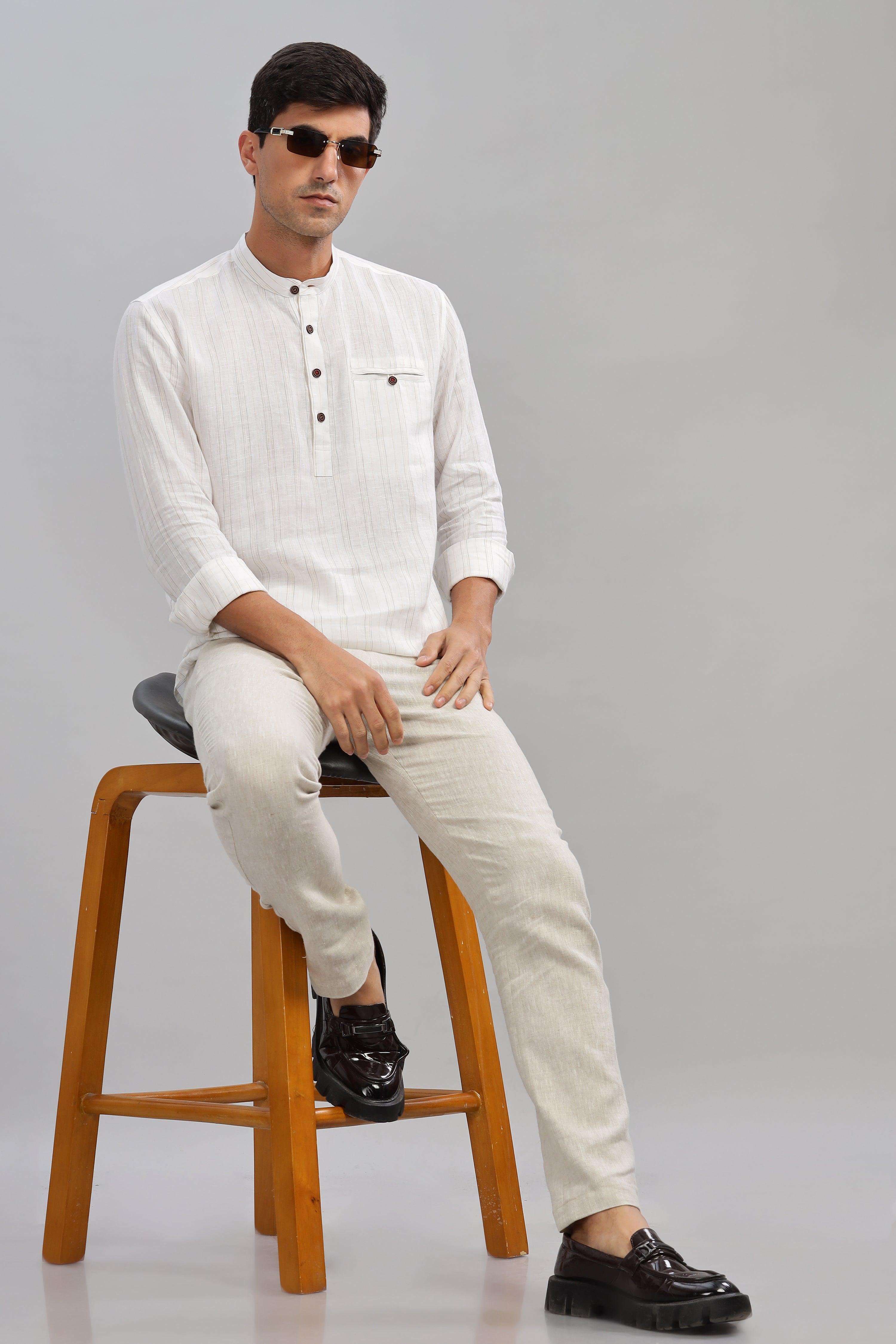NILE Long Sleeves - 100% Pure Linen Half Placket Grey Yellow stripes Shirt