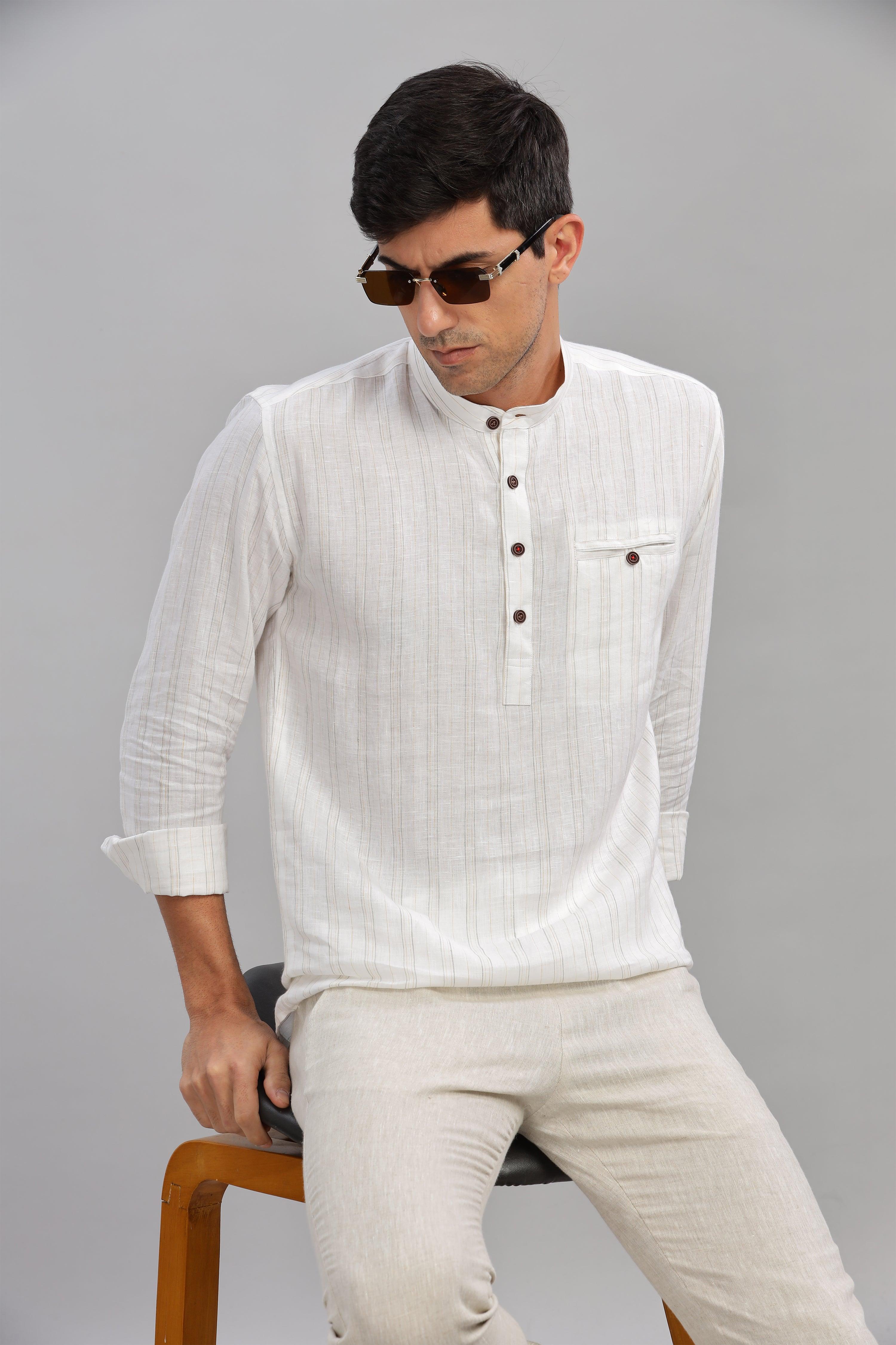 NILE Long Sleeves - 100% Pure Linen Half Placket Grey Yellow stripes Shirt