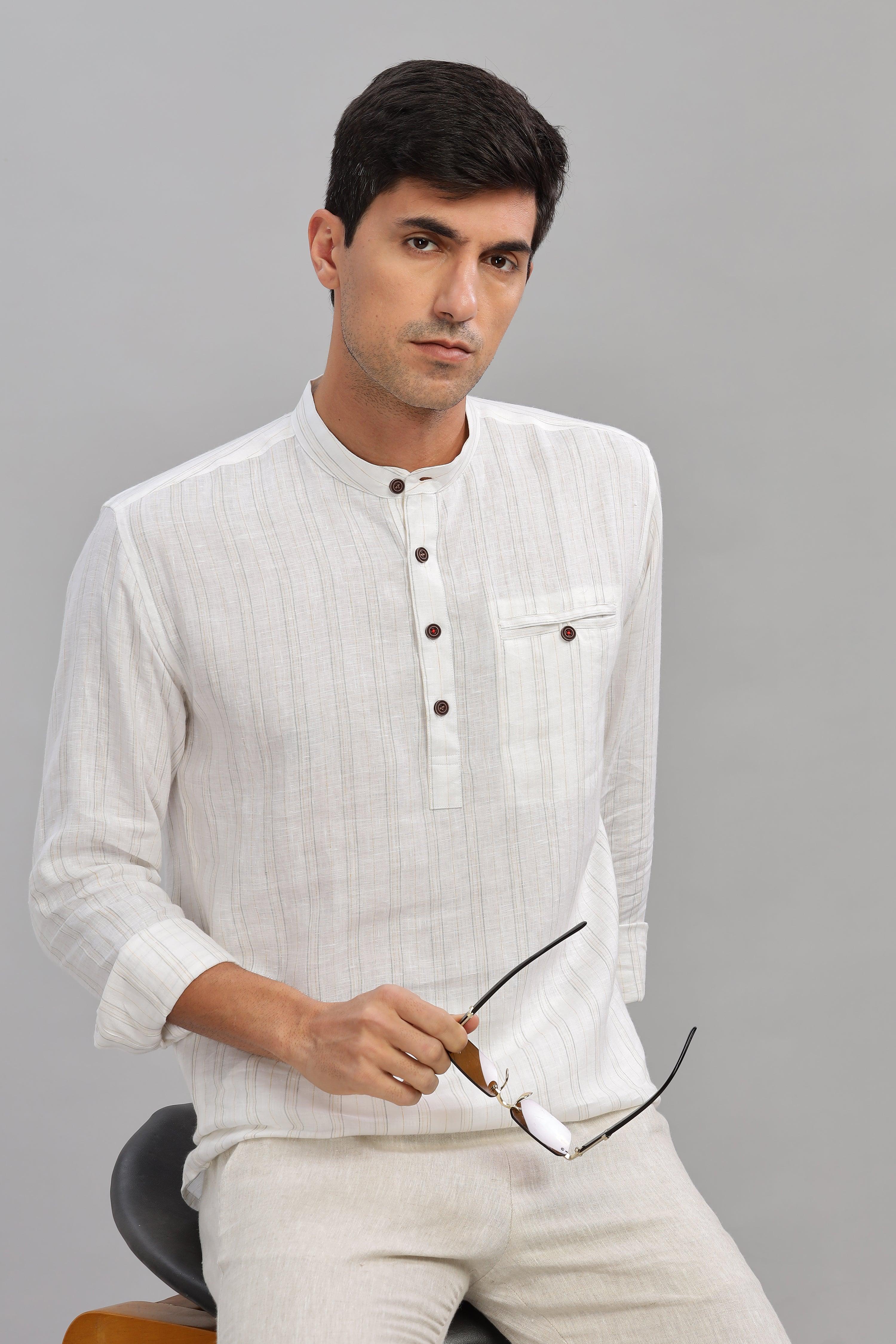 NILE Long Sleeves - 100% Pure Linen Half Placket Grey Yellow stripes Shirt