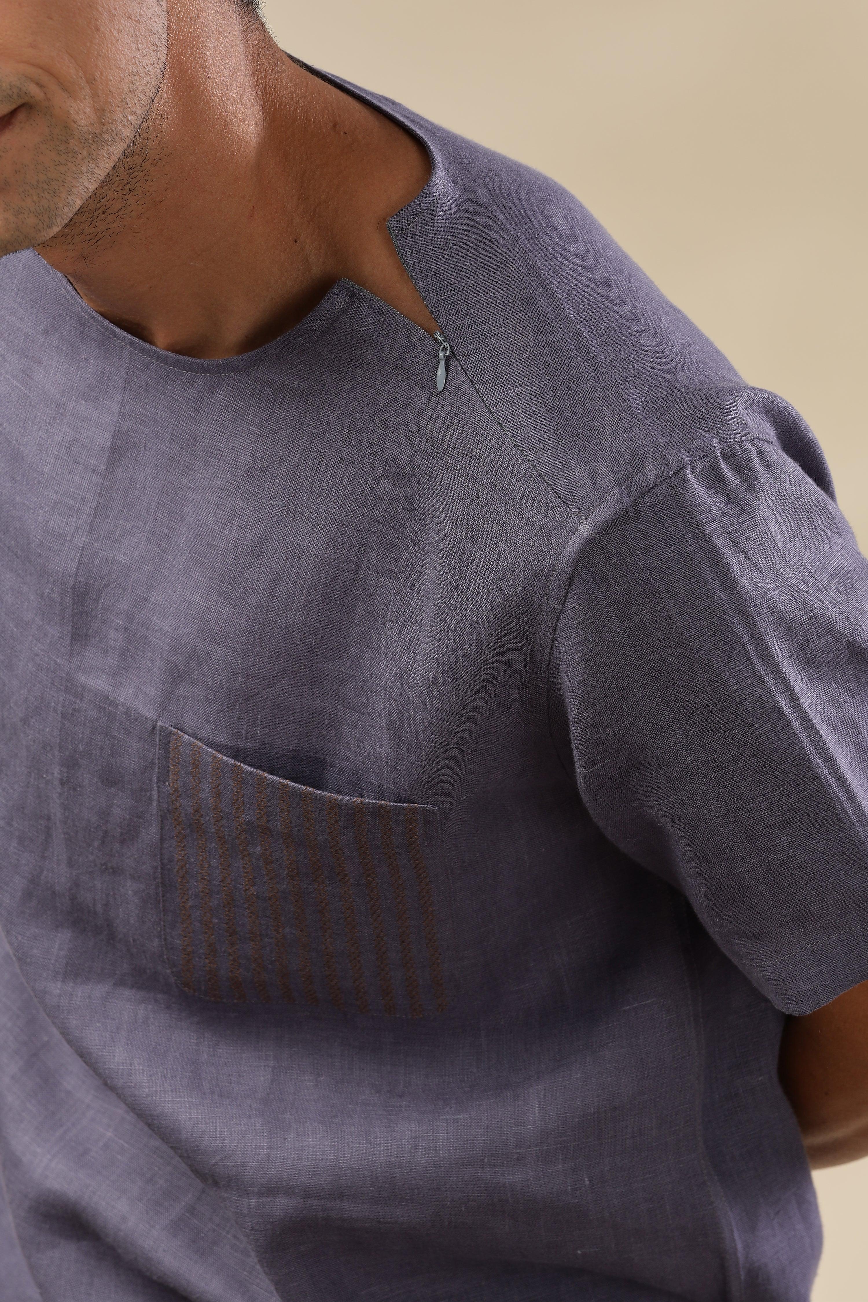 ALAN - Pure French Linen Pitch Blue T-Shirt