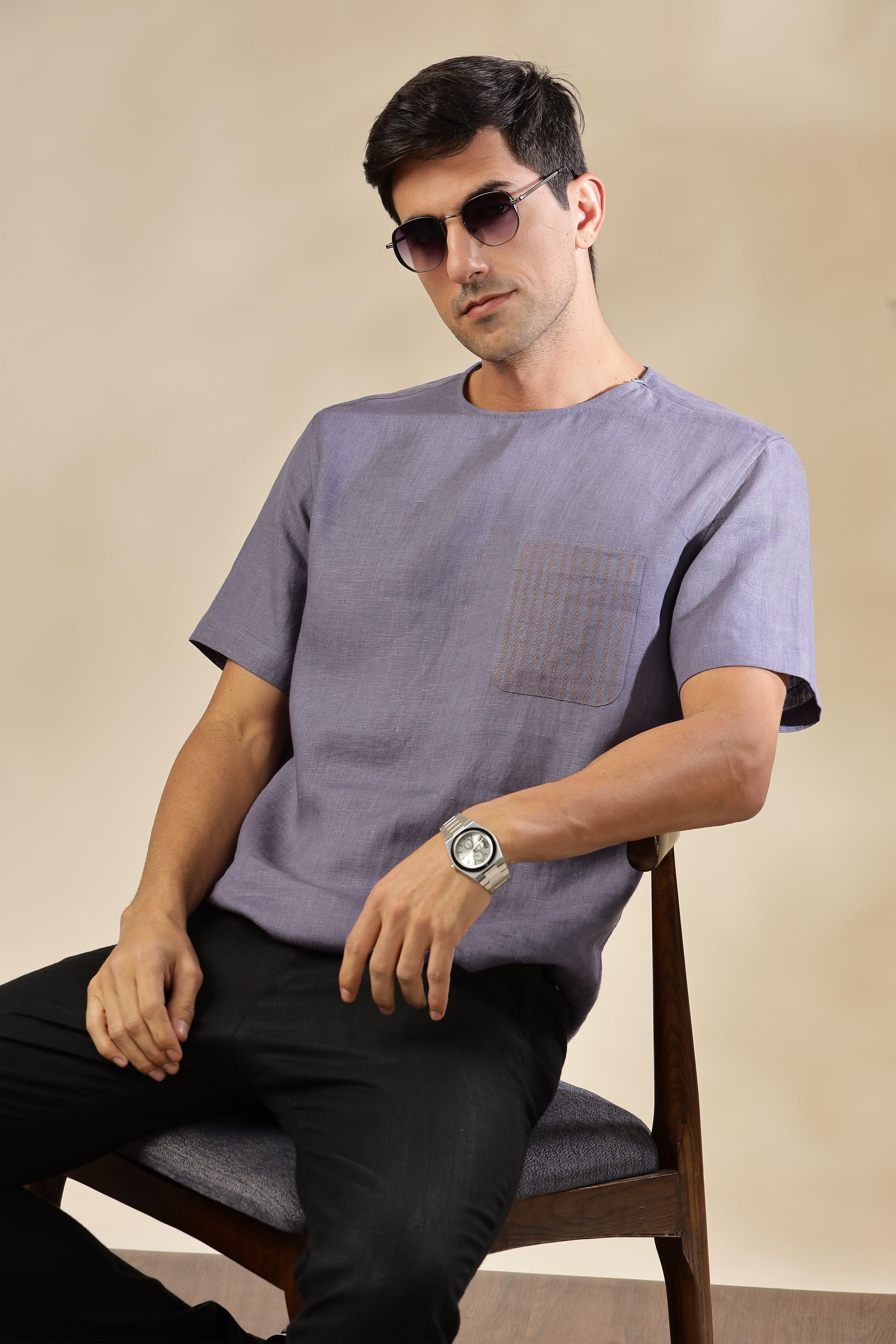 ALAN - Pure French Linen Pitch Blue T-Shirt