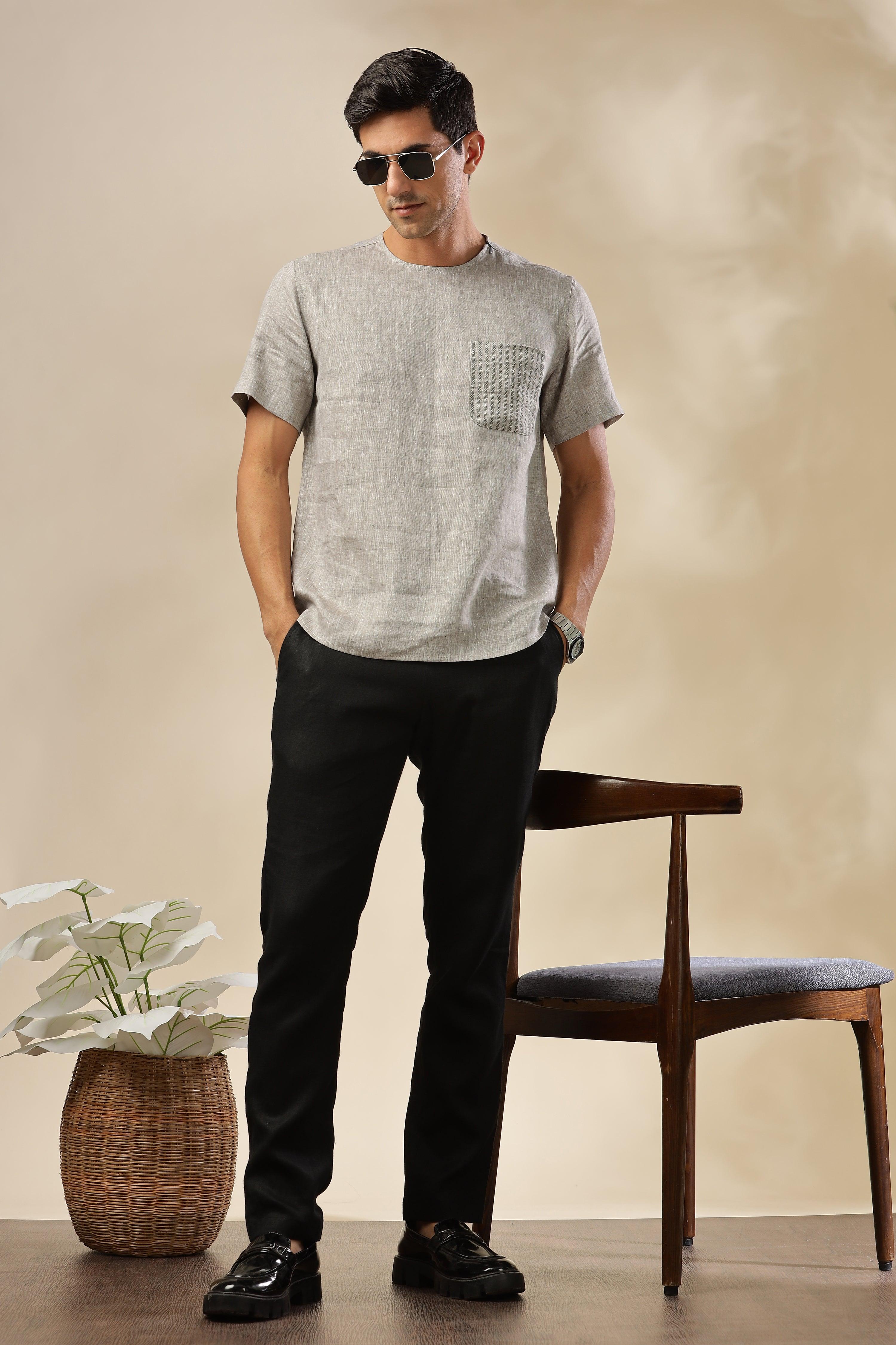 ALAN - Pure French Linen Dark Grey Chambray T-Shirt