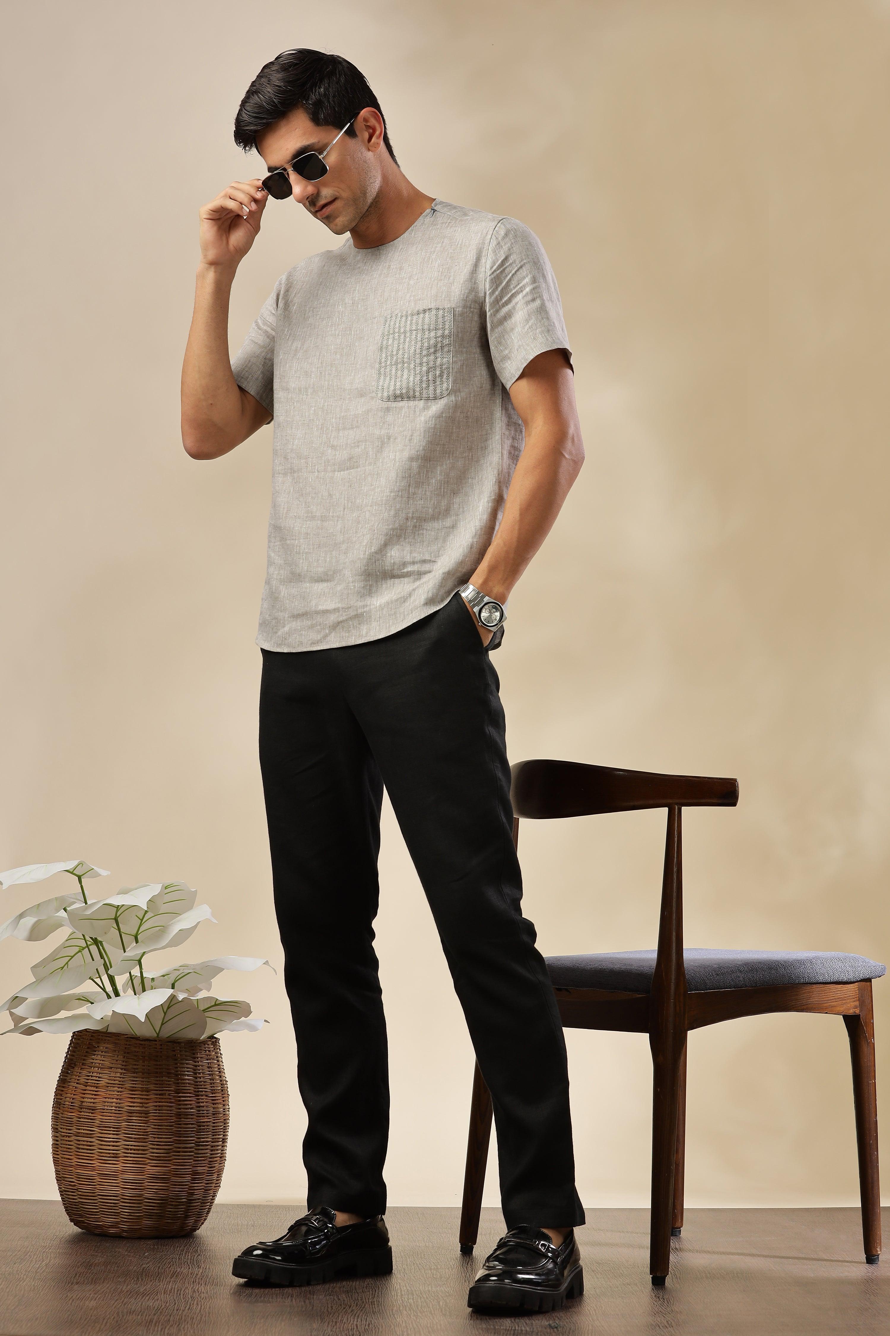 ALAN - Pure French Linen Dark Grey Chambray T-Shirt