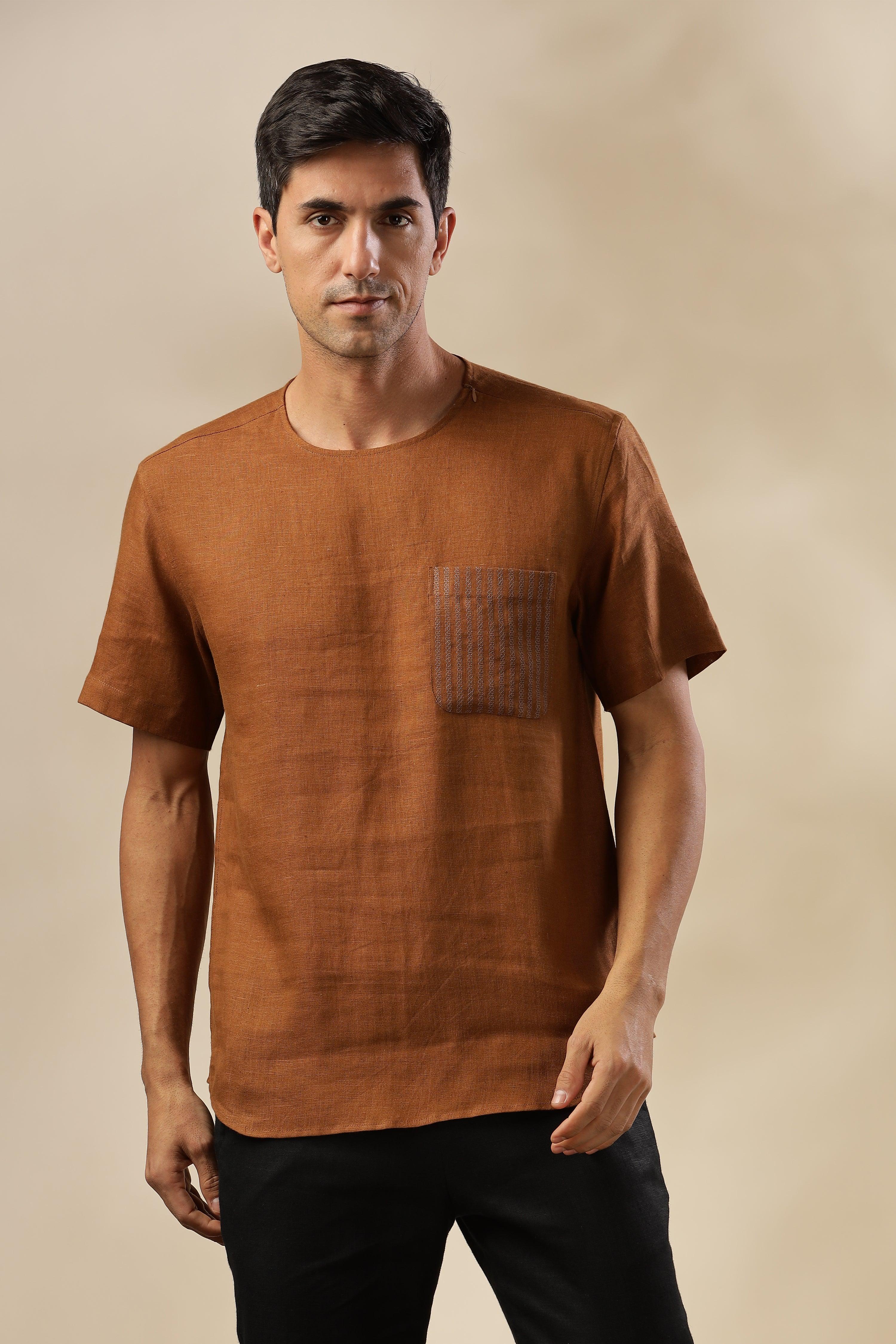 ALAN - Pure French Linen Coffee Brown T-Shirt