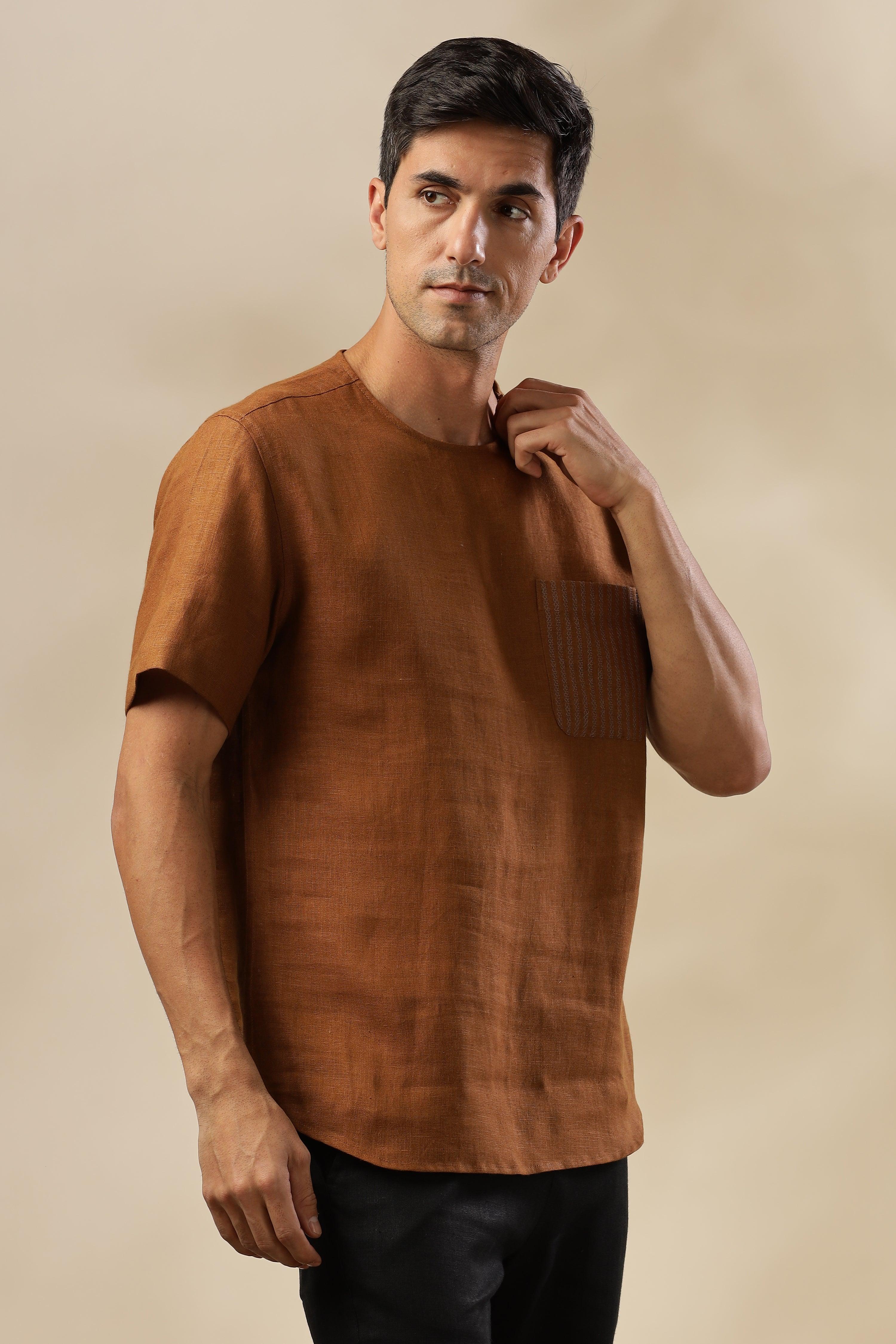 ALAN - Pure French Linen Coffee Brown T-Shirt