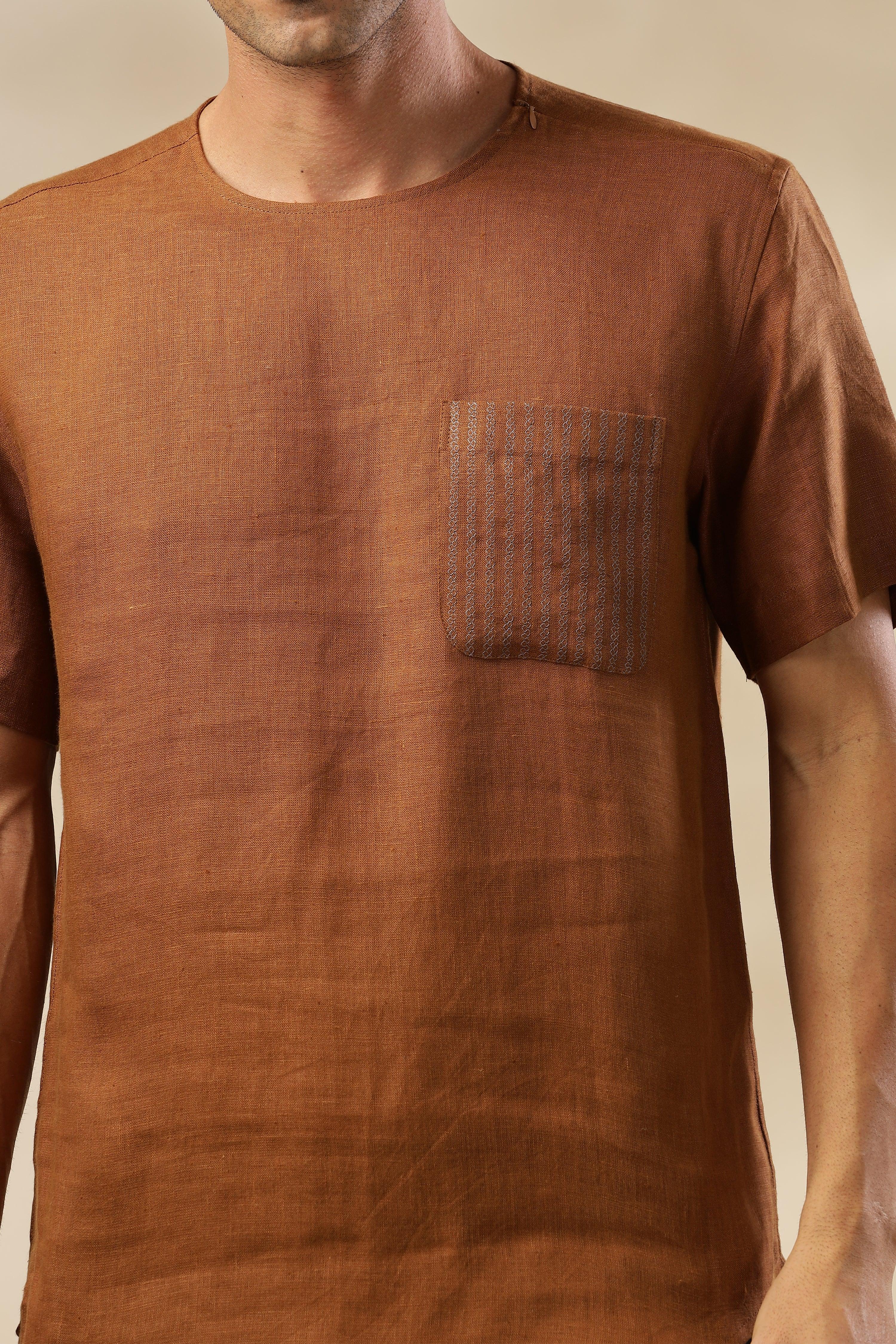 ALAN - Pure French Linen Coffee Brown T-Shirt