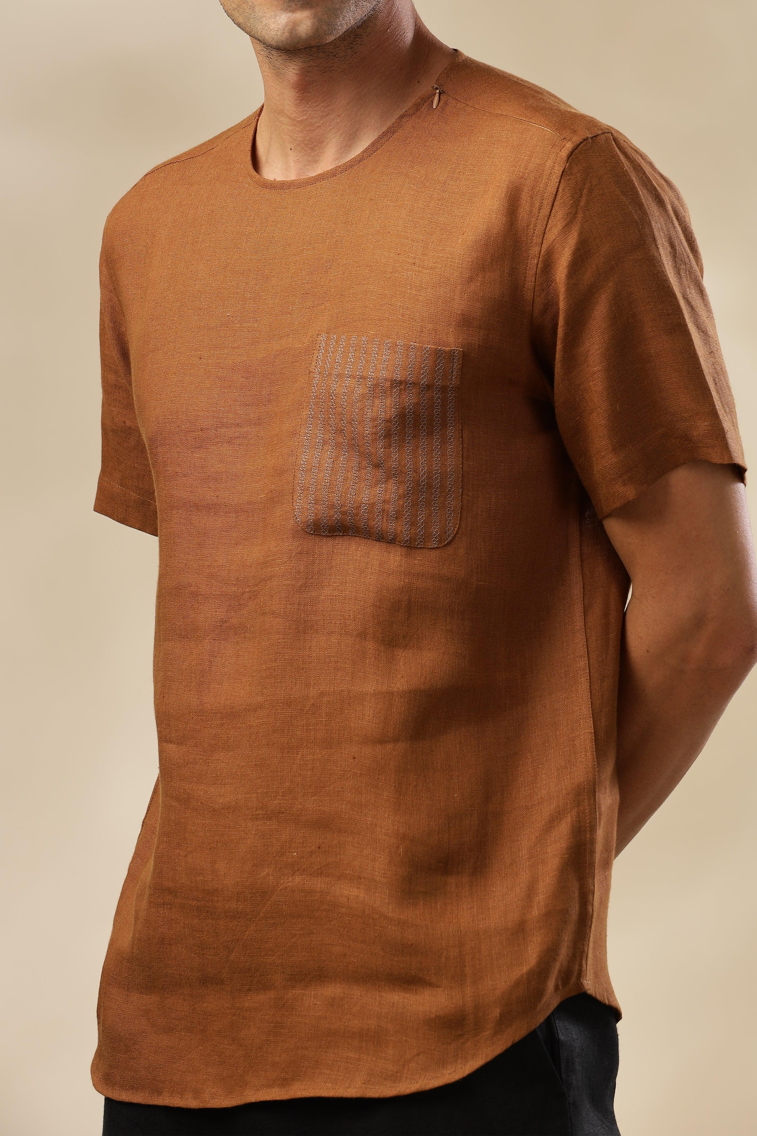 ALAN - Pure French Linen Coffee Brown T-Shirt