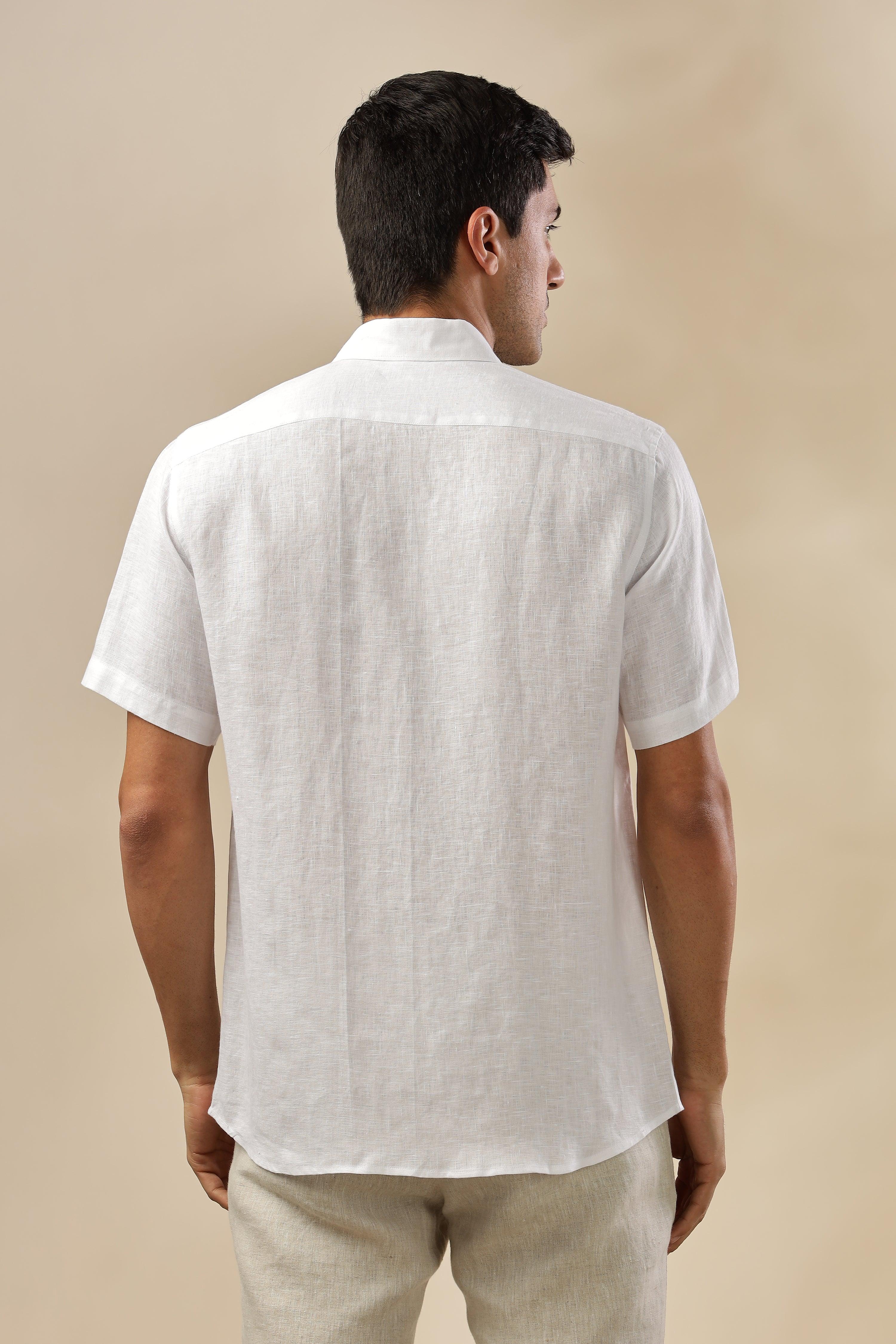 MARK Short Sleeves - 100% Pure Linen Regular Collar White Shirt