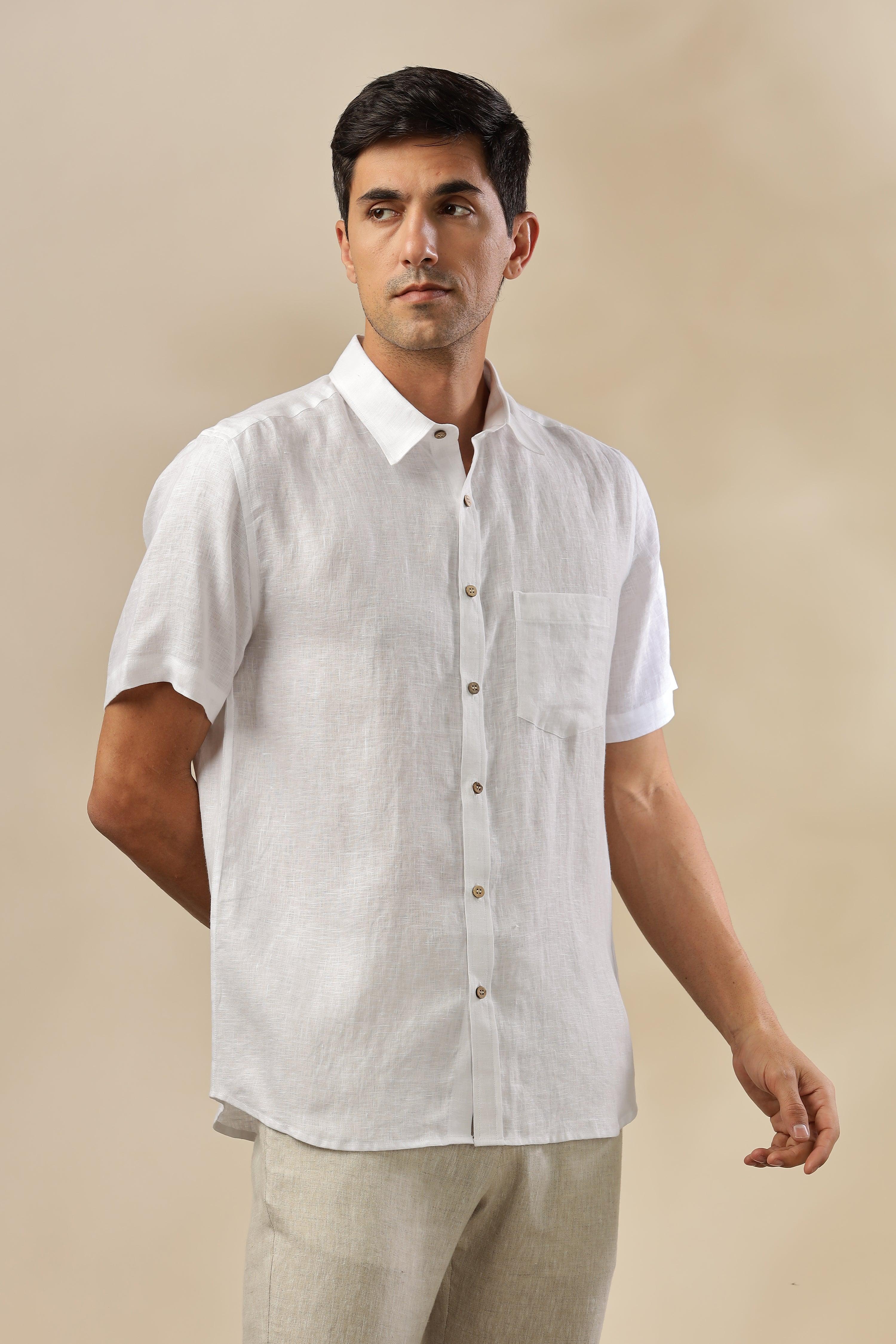 MARK Short Sleeves - 100% Pure Linen Regular Collar White Shirt