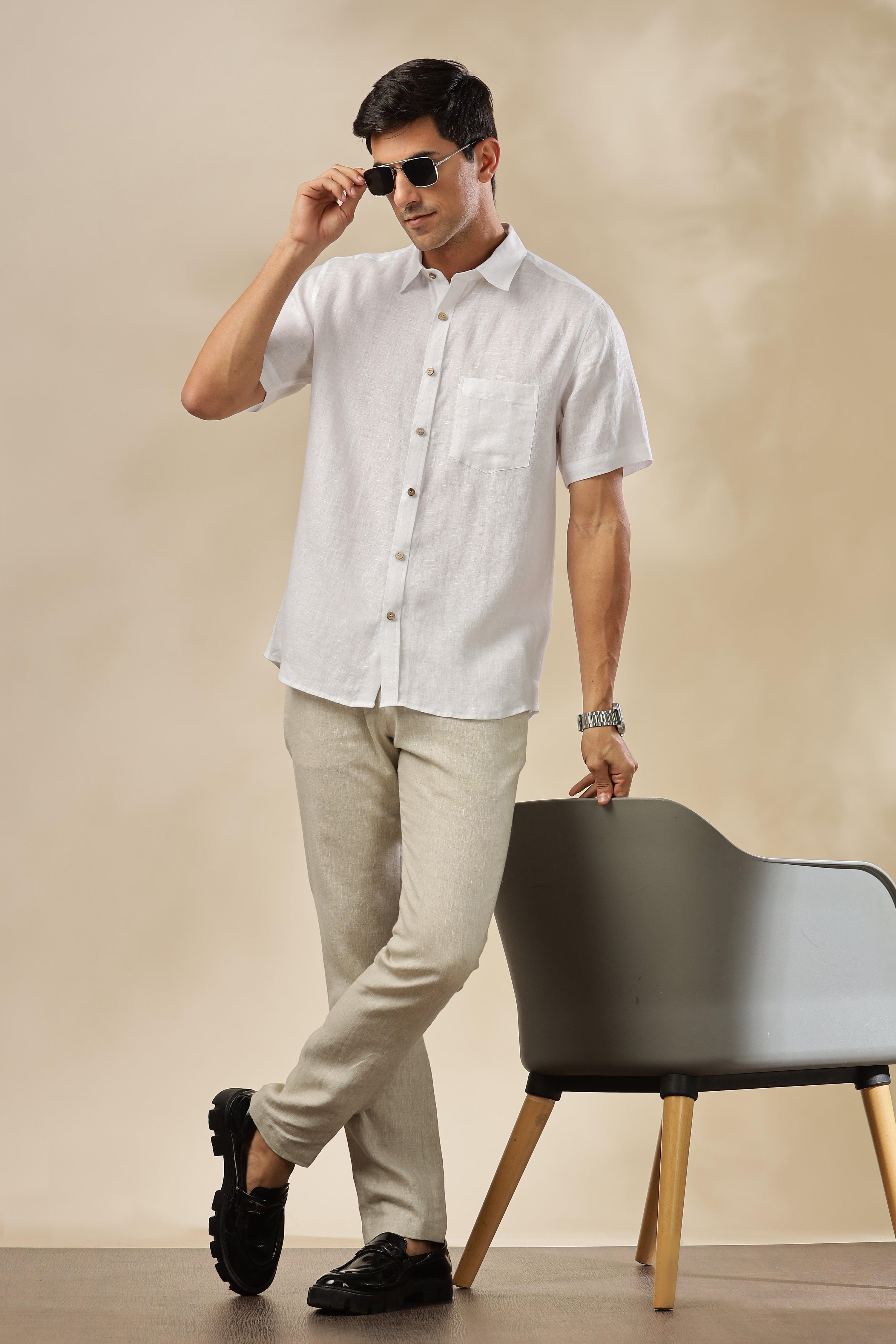 MARK Short Sleeves - 100% Pure Linen Regular Collar White Shirt