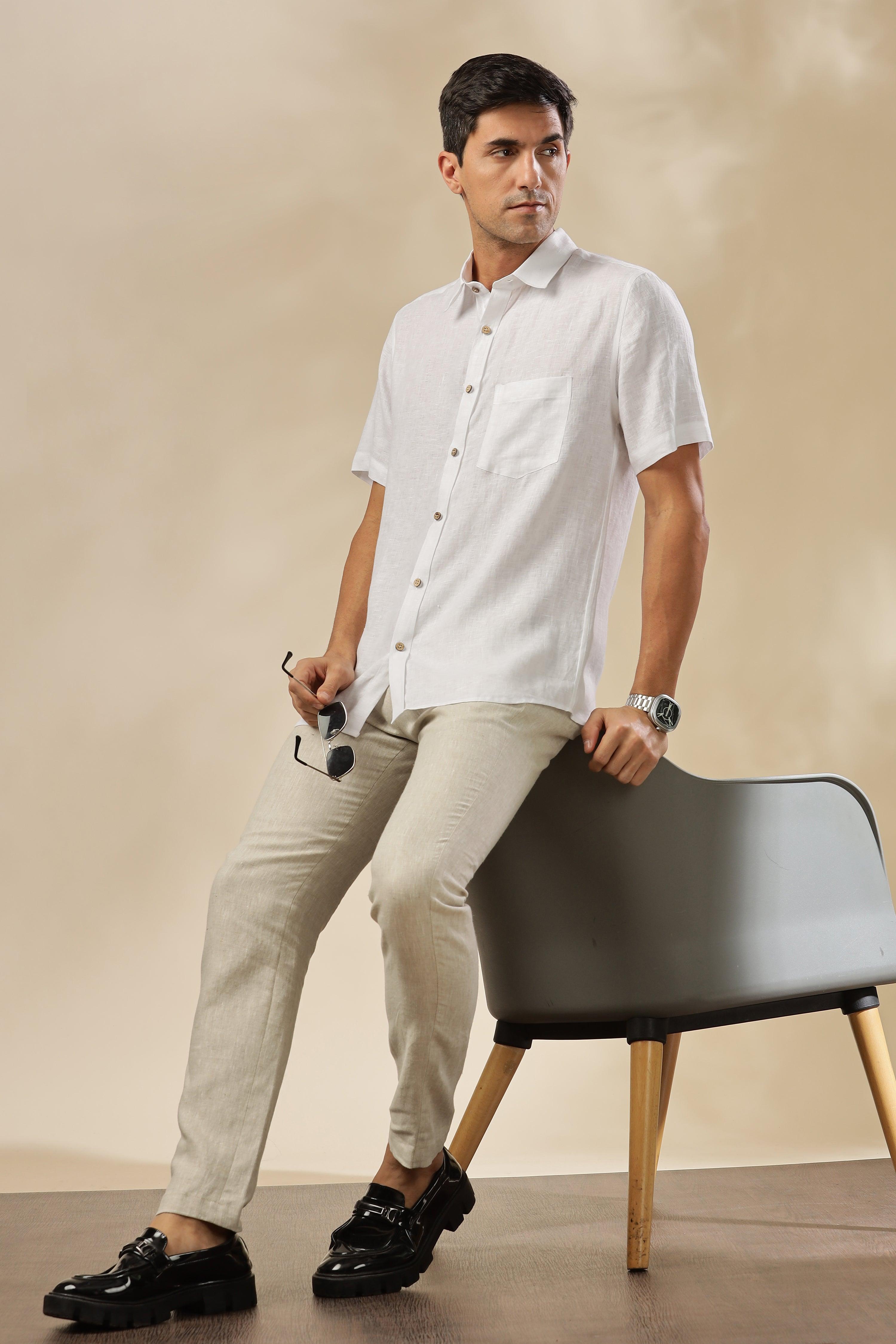 MARK Short Sleeves - 100% Pure Linen Regular Collar White Shirt