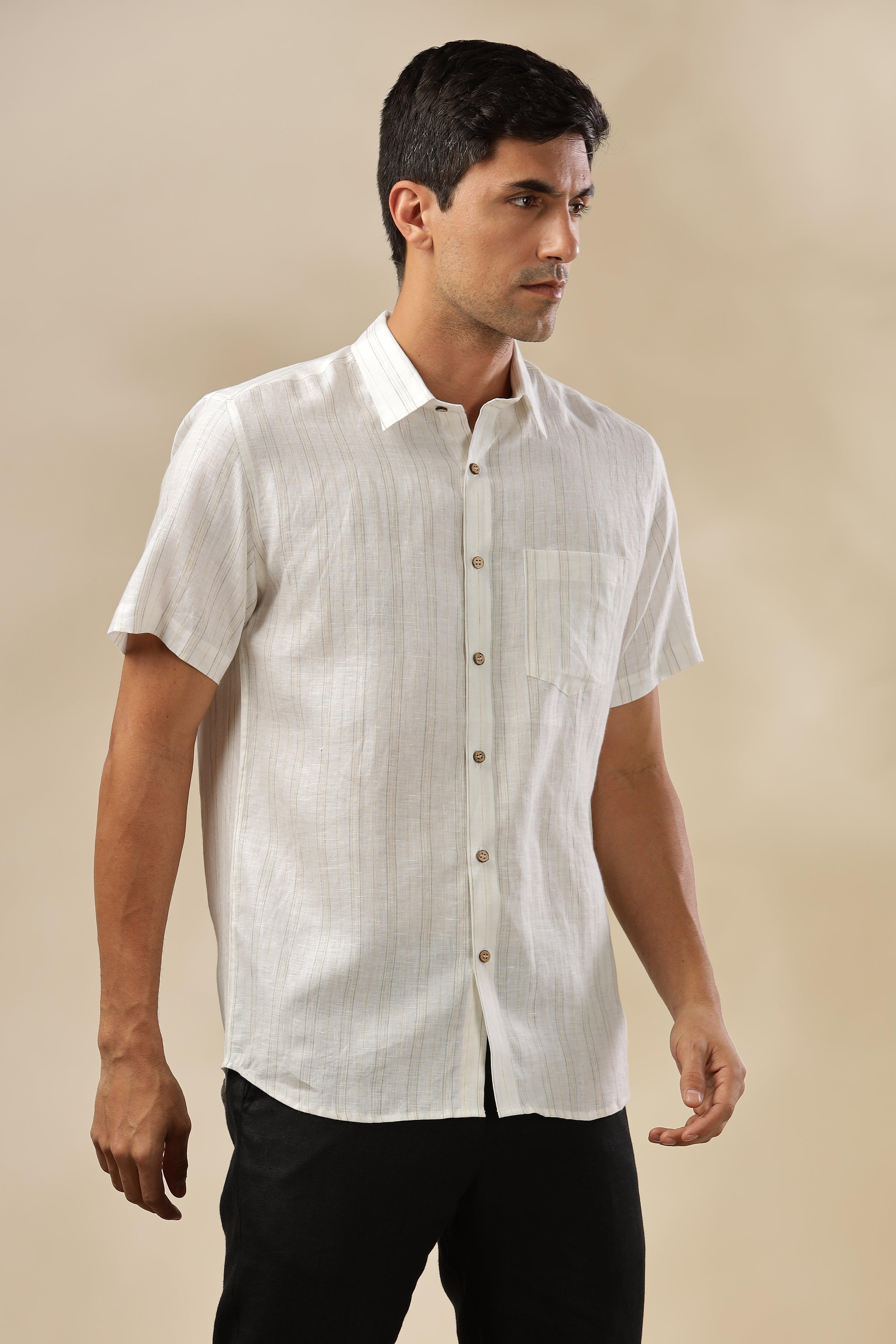 MARK - Everyday Essential 100 % Pure Linen Grey & Yellow Stripe Shirt Short Sleeves