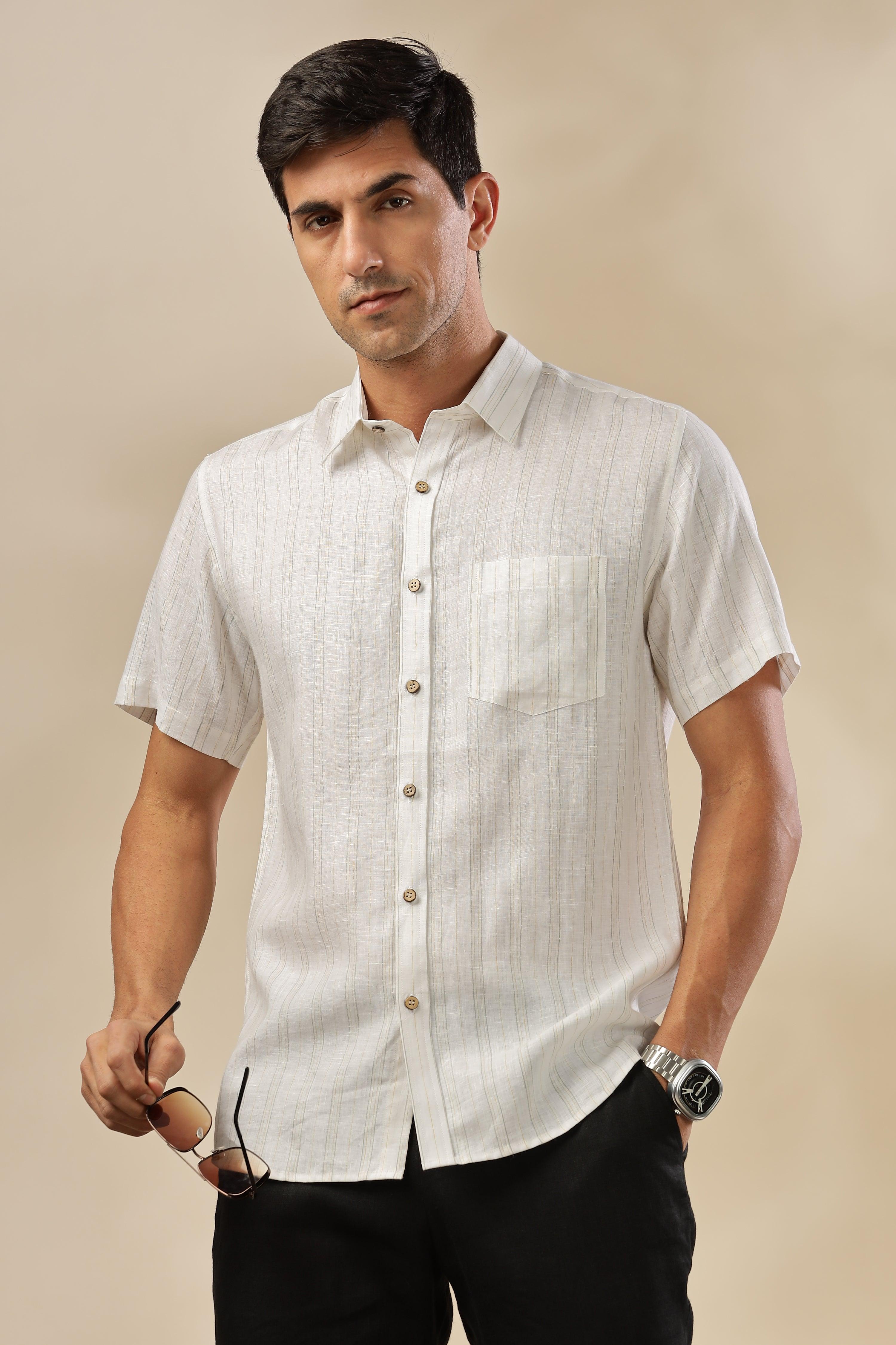 MARK - Everyday Essential 100 % Pure Linen Grey & Yellow Stripe Shirt Short Sleeves