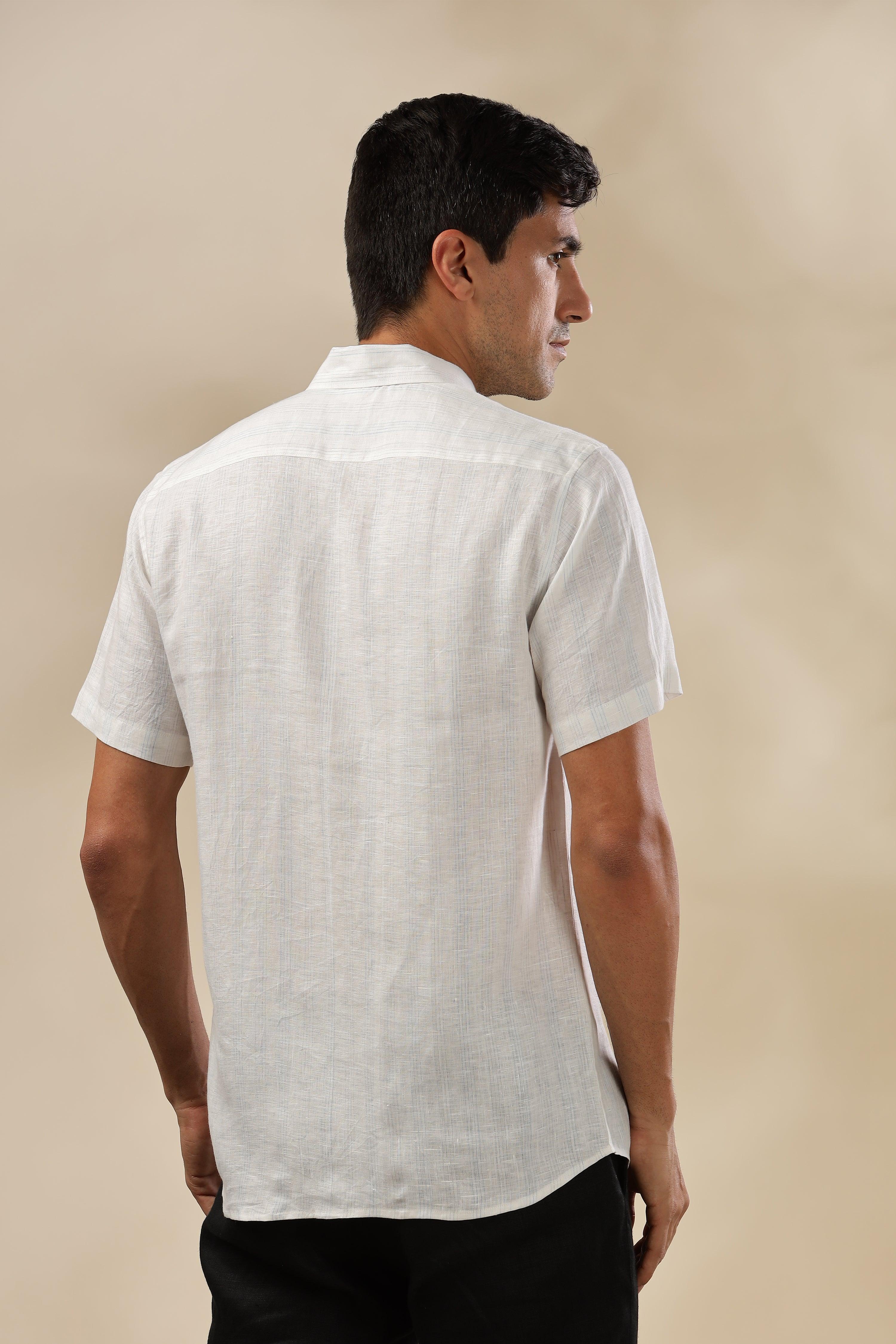 MARK - Everyday Essential 100 % Pure Linen Blue & Grey Stripe Shirt Short Sleeves