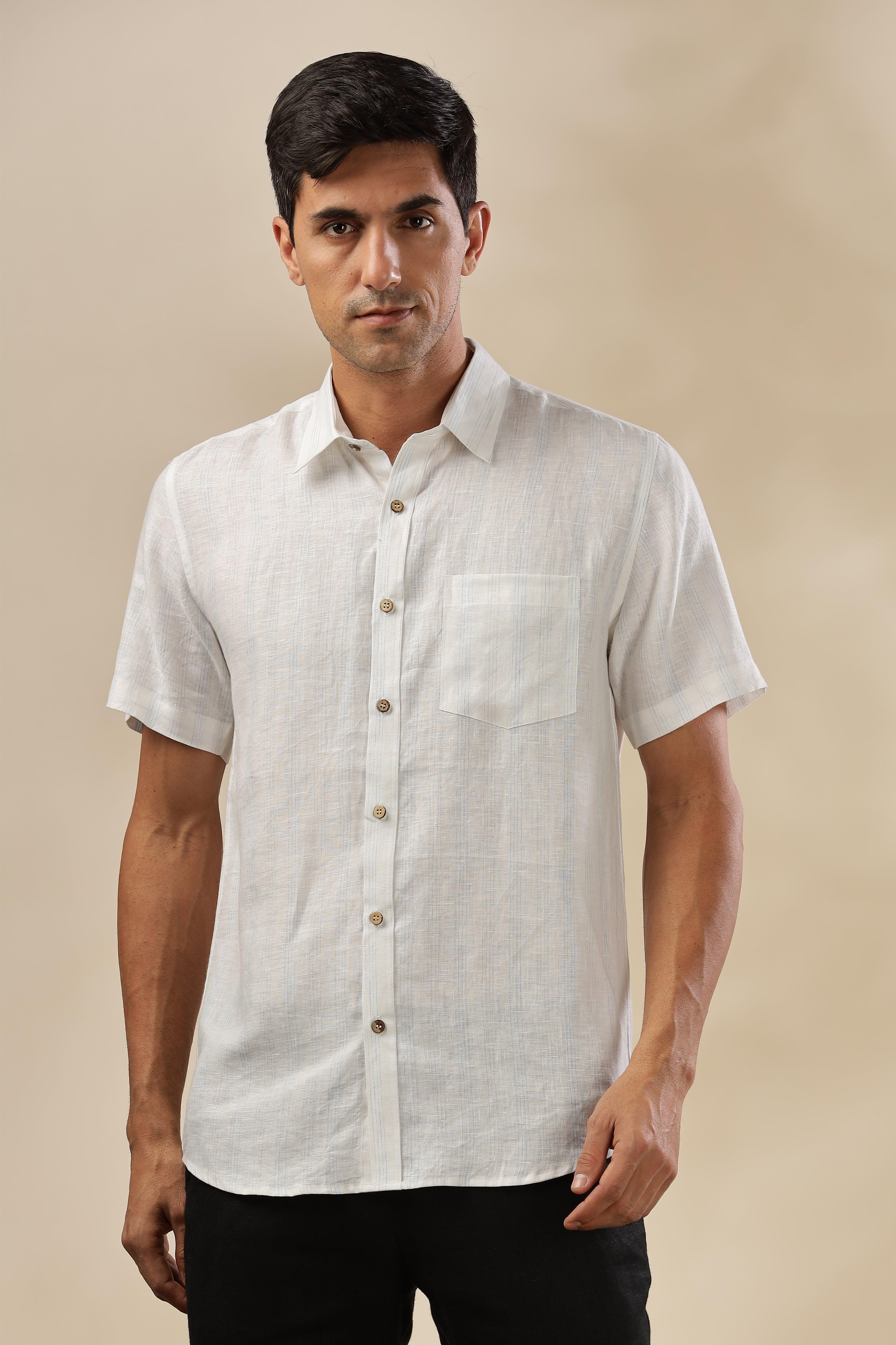 MARK - Everyday Essential 100 % Pure Linen Blue & Grey Stripe Shirt Short Sleeves