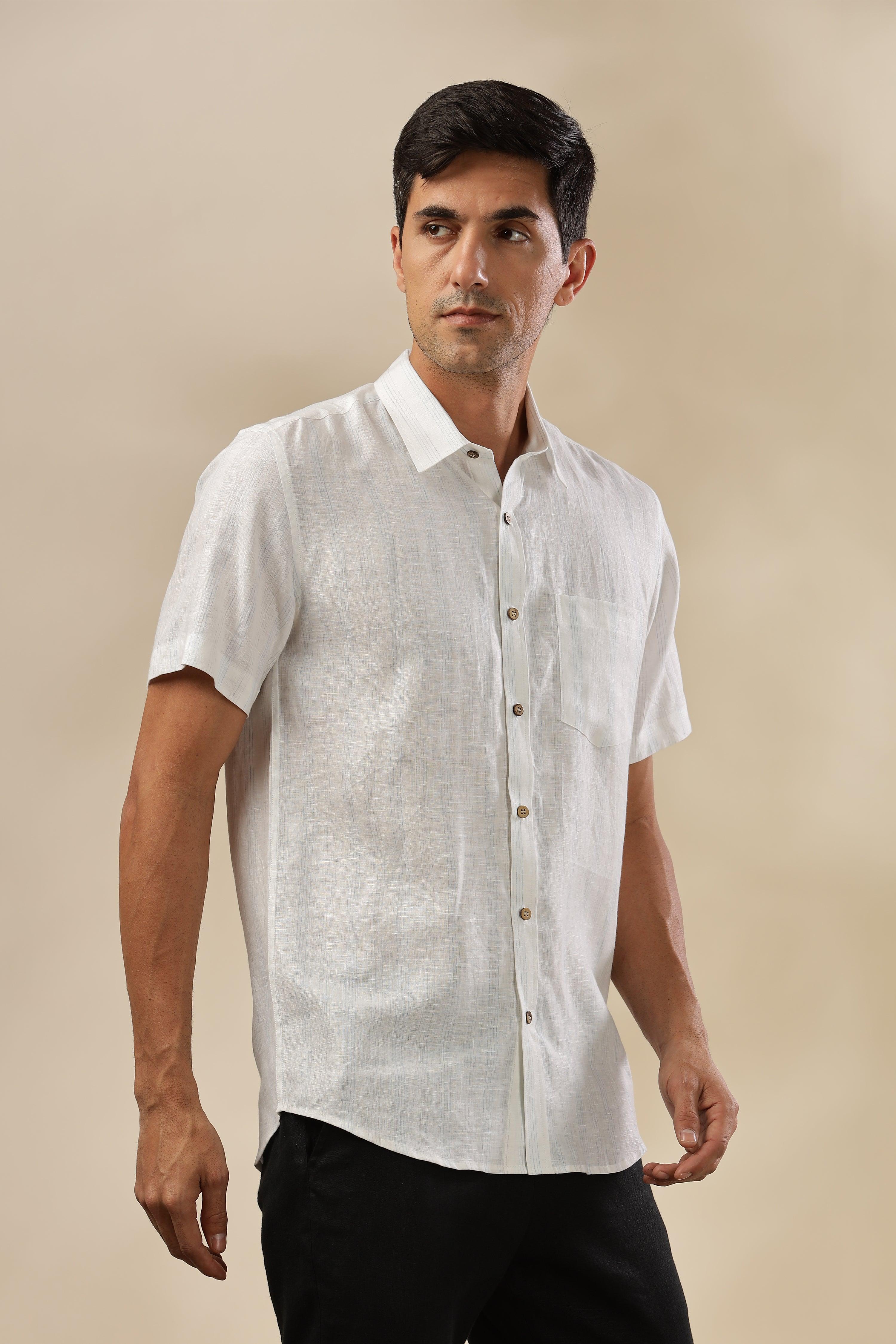MARK - Everyday Essential 100 % Pure Linen Blue & Grey Stripe Shirt Short Sleeves