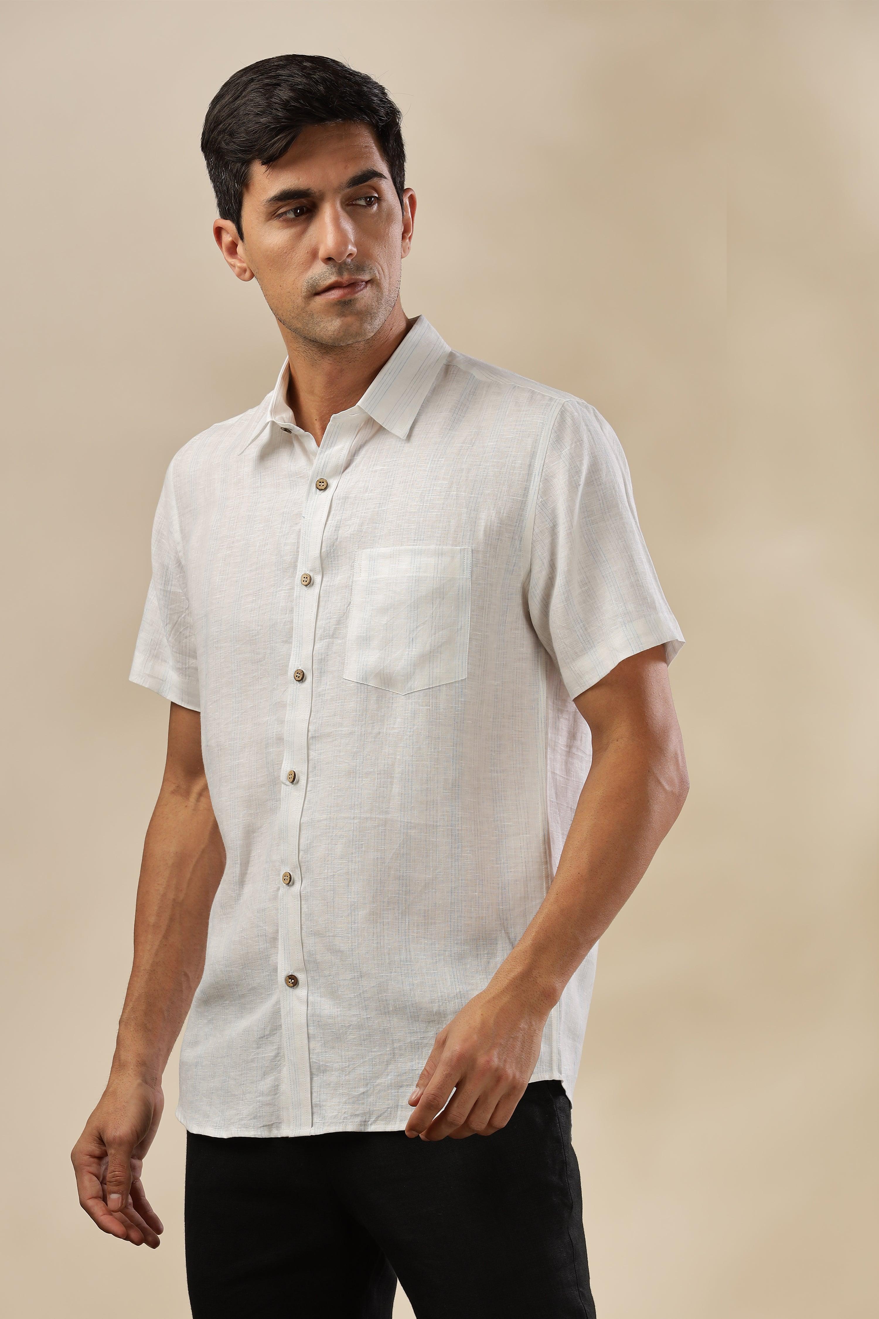 MARK - Everyday Essential 100 % Pure Linen Blue & Grey Stripe Shirt Short Sleeves